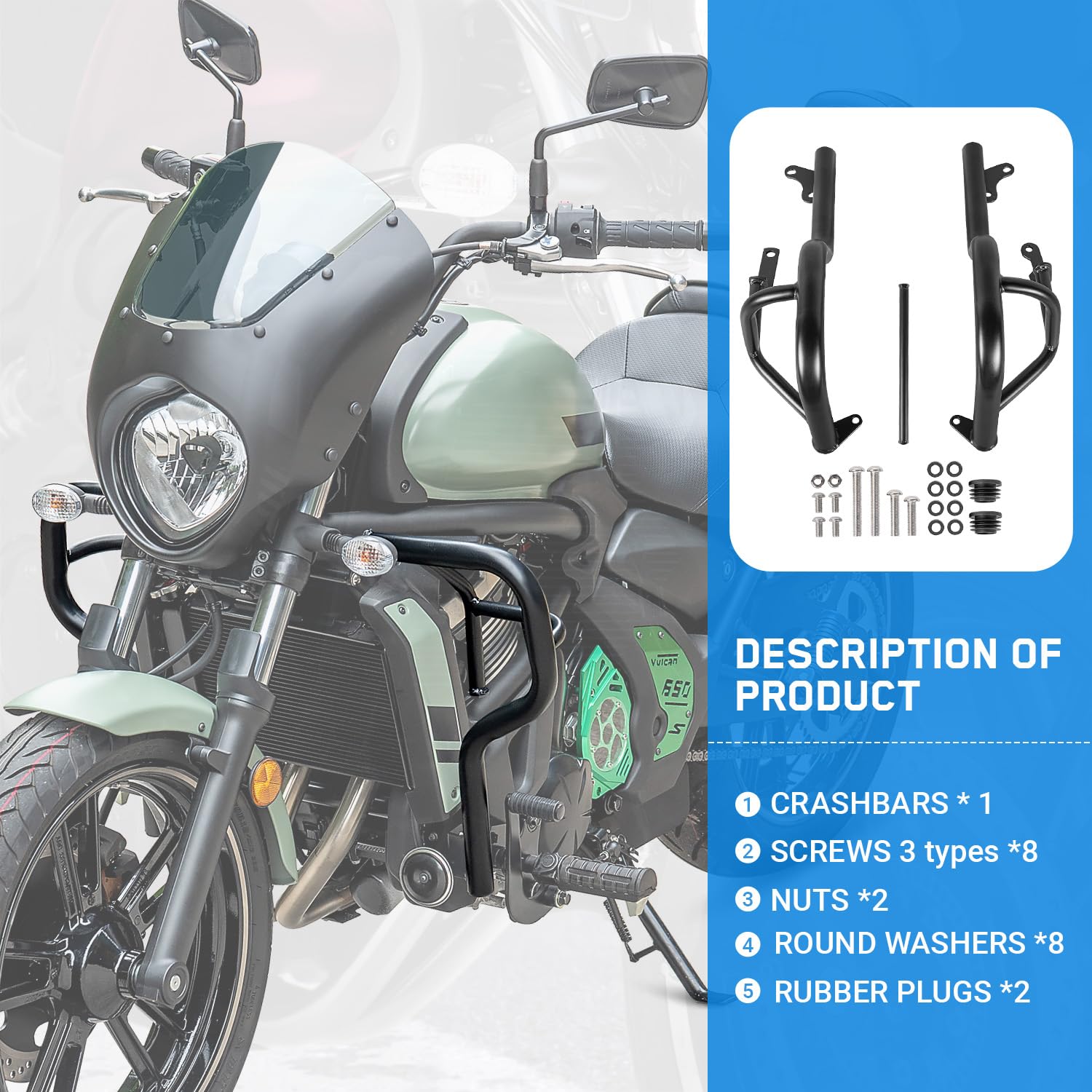Defensa Barra Protectores Motos Vulcan S 650 2015 2016 2017 2018 2019 2020 2021 2022 2023 2024 2025 2026 VN650 EN650 Choque Protección para Motocicleta contra Caídas en Carreteras