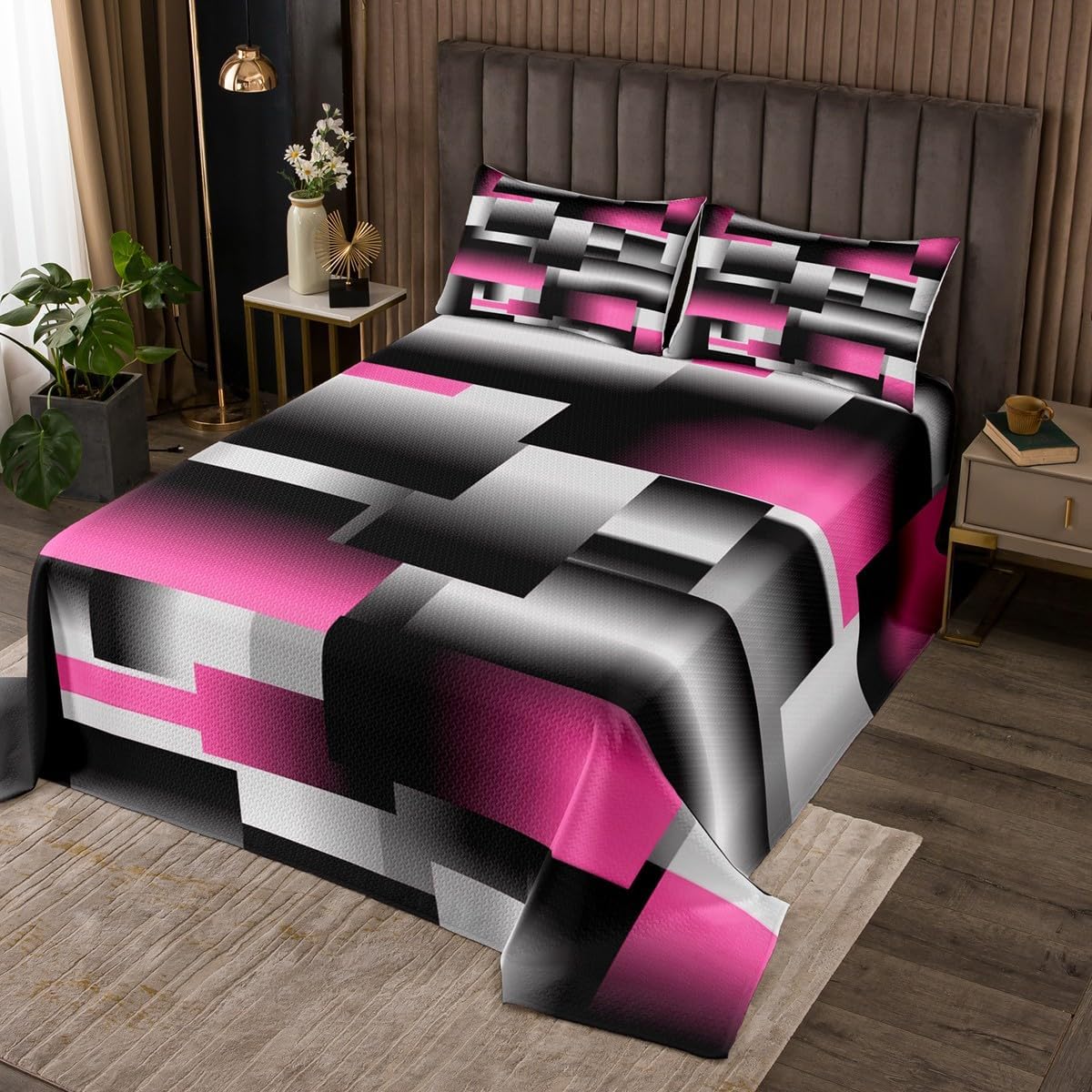 jejeloiu Red Gray Black Abstract Bedspread King Size Modern Geometric Art Coverlet Set Geometry Rectangle Room Decorative Quilted Coverlet Quilted Set 3Pcs Bedspreads Quilt