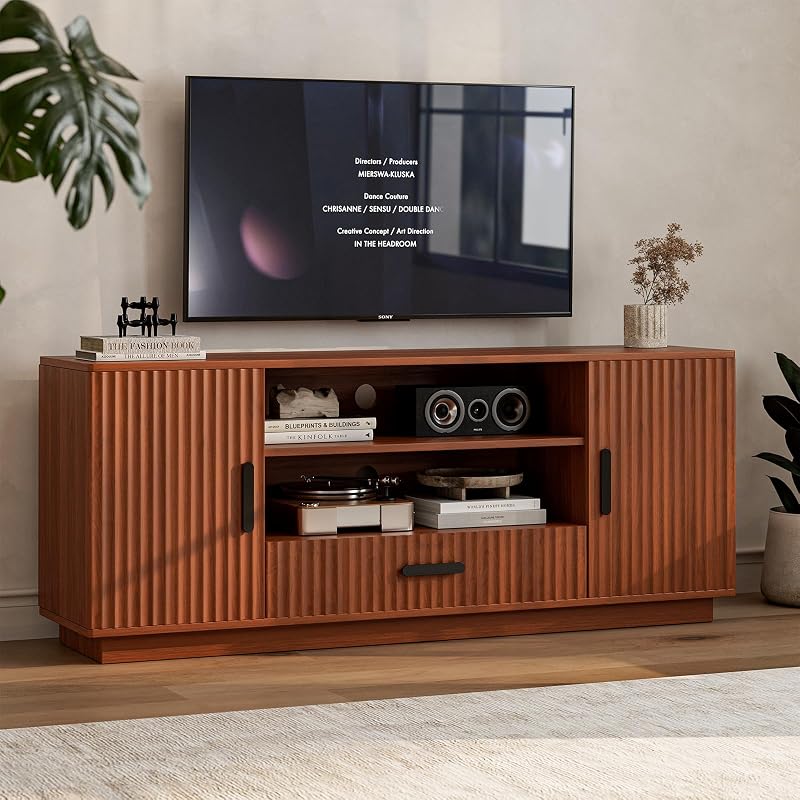 LCRBOL TV Stand for up to 70" TV, Mid-Century Entertainment Center, Walnut