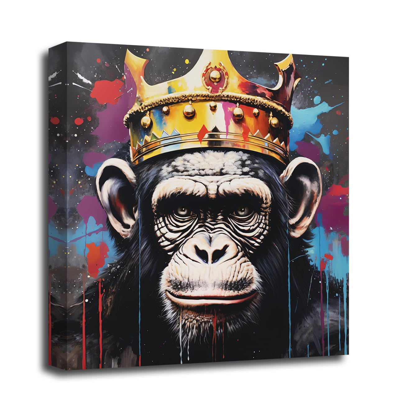 LMYSXAOZ King Monkey Wall Art Funny Gorilla with Gold Crown Canvas Prints Graffiti Animals Portrait Picture Modern Artwork for Office Decor Framed (Animal-1, 16.00"x16.00")