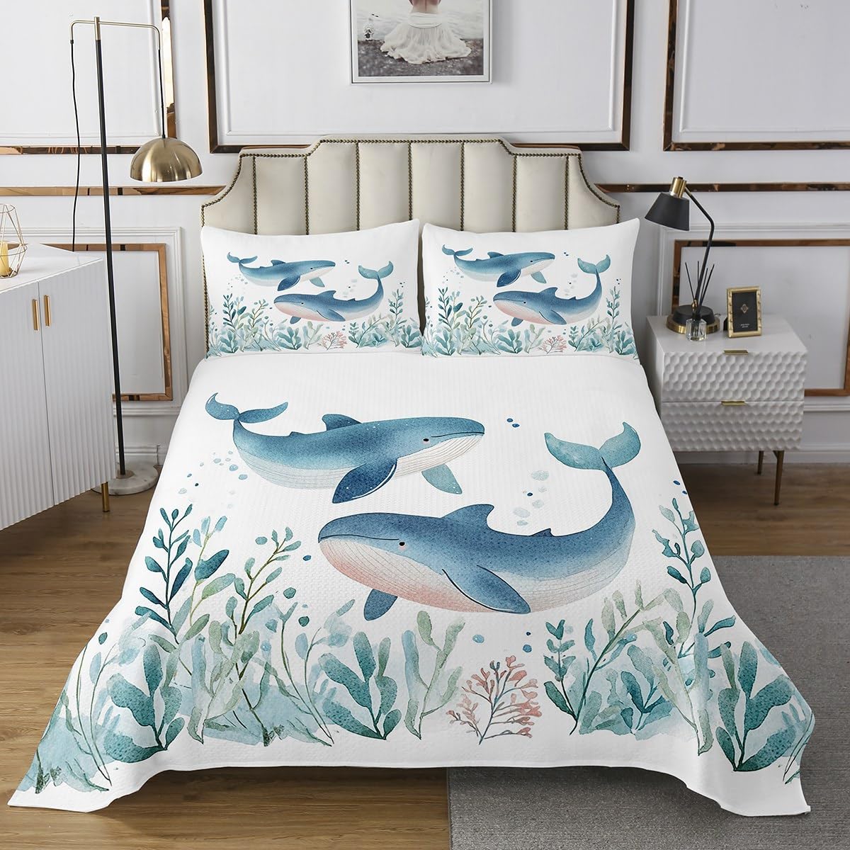 Erosebridal Cute Whale Coverlet Set King Size Ocean Bedspread for Kids Boys Girls Marine Life Cartoon Corals Quilted Coverlet Seaweed Blue Green Coast Water Bubble Bedroom Decor
