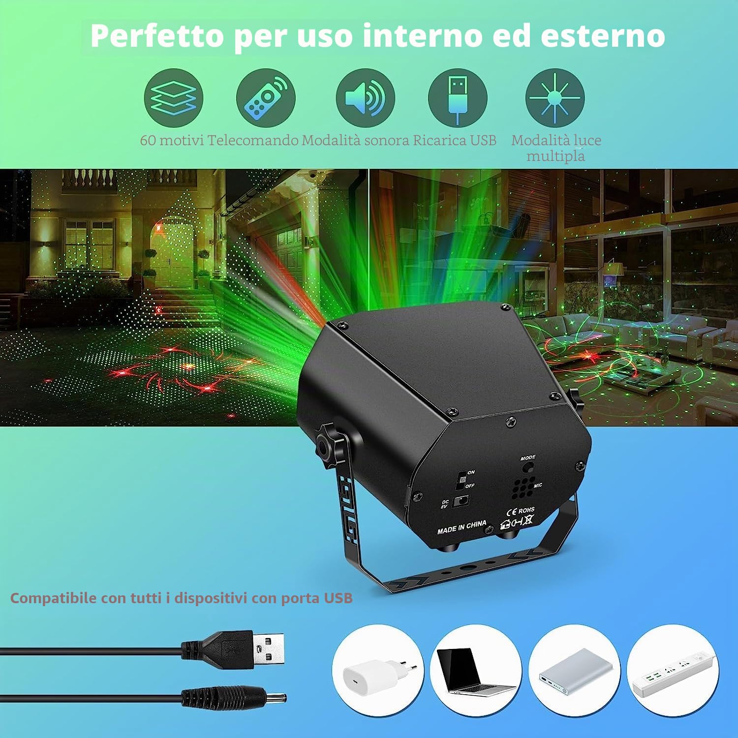 Luci Discoteca 60 Modalità RGB, USB Luci DJ con Telecomando Luci da Festa con Musica Attivato Luce Stroboscopiche Discoteca per Karaoke Bar Feste DJ Natale