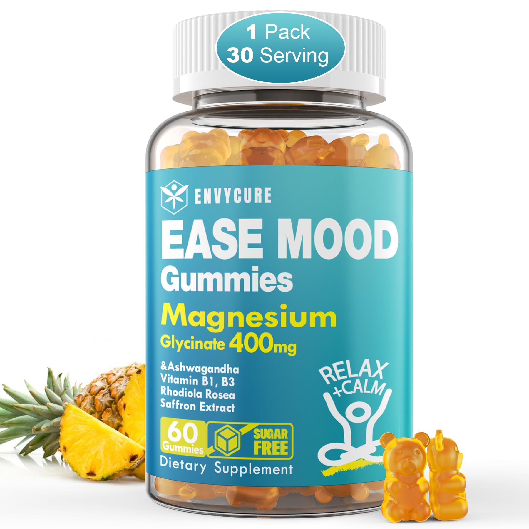 Sugar Free Magnesium Glycinate Gummies 400mg with Ashwagandha, B1, B3, Rhodiola Rosea & Saffron for Support Rest, Mood & Energy Calm Magnesium Gummies for Adults, Chewable Magnesium Supplement, 60Ct