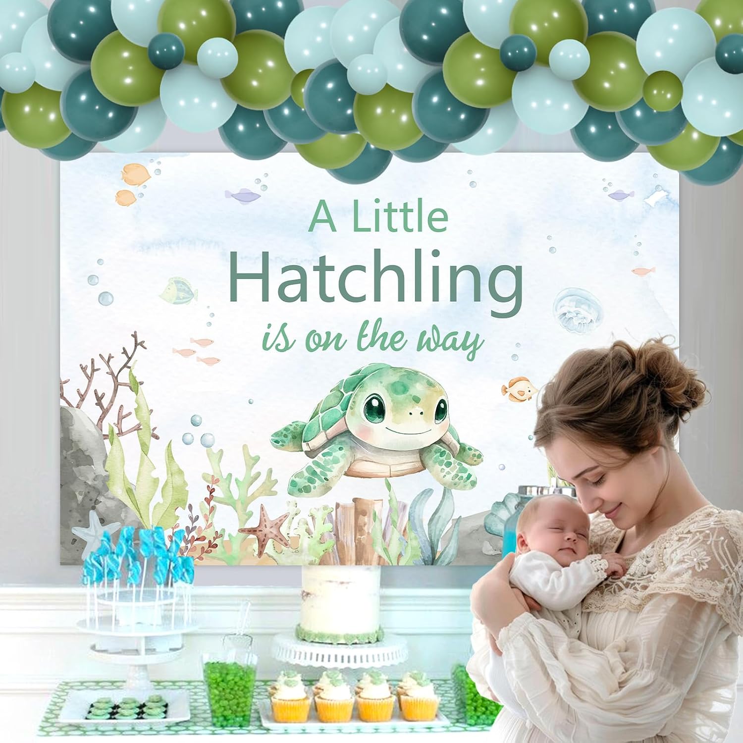Jollyboom Sea Turtle Baby Shower Decoration Boy, A Little Hatchling is on The Way Backdrop Banner Balloon Garland Arch Kit for Sea Turtle Under the Sea Ocean Animal Baby Shower Decoration