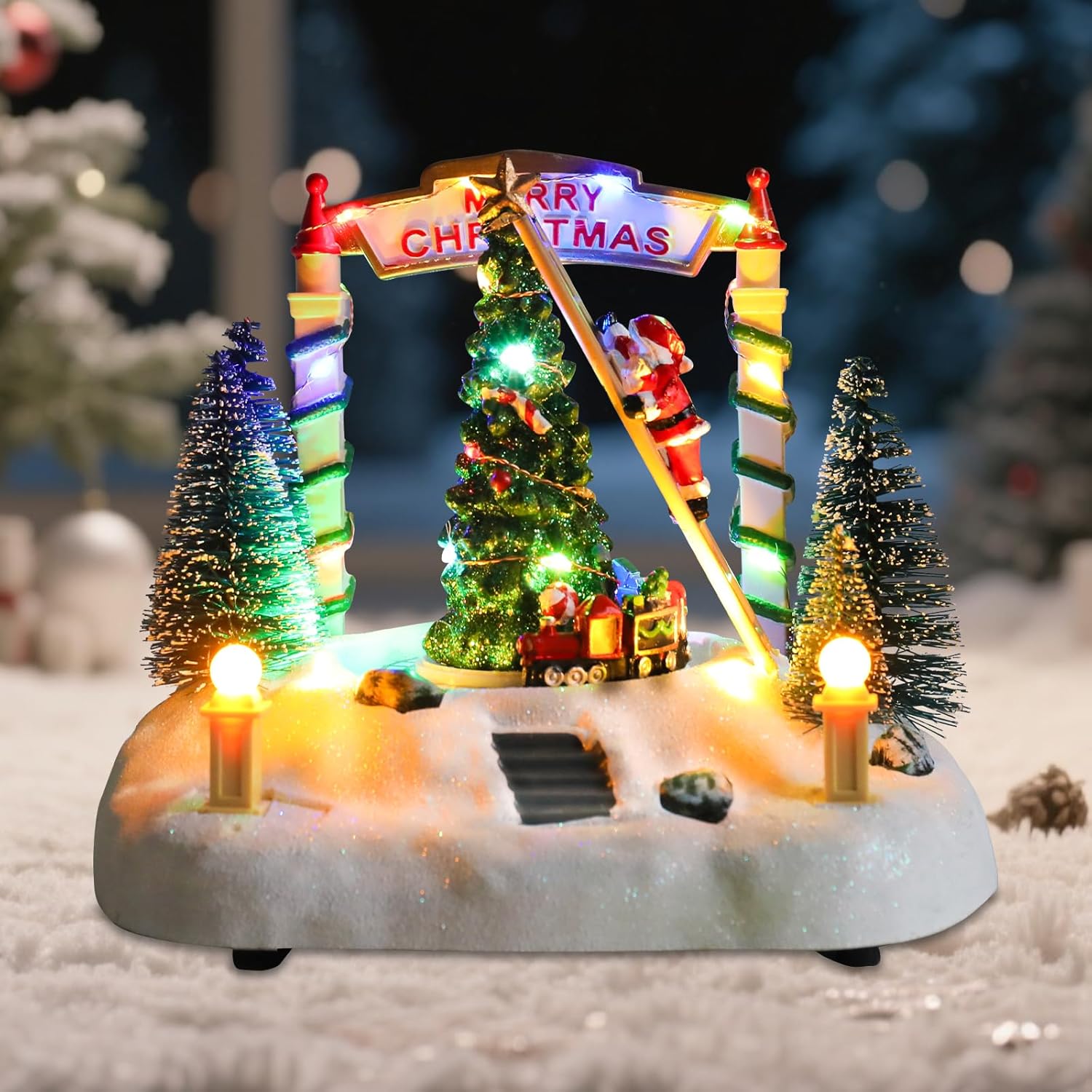 WONDER GARDEN Christmas Village Houses with Moving Train and Santa Climbing Ladder to Decorate Christmas Tree Musical Lighted Collectible Buildings for Home Indoor Decor or Gift