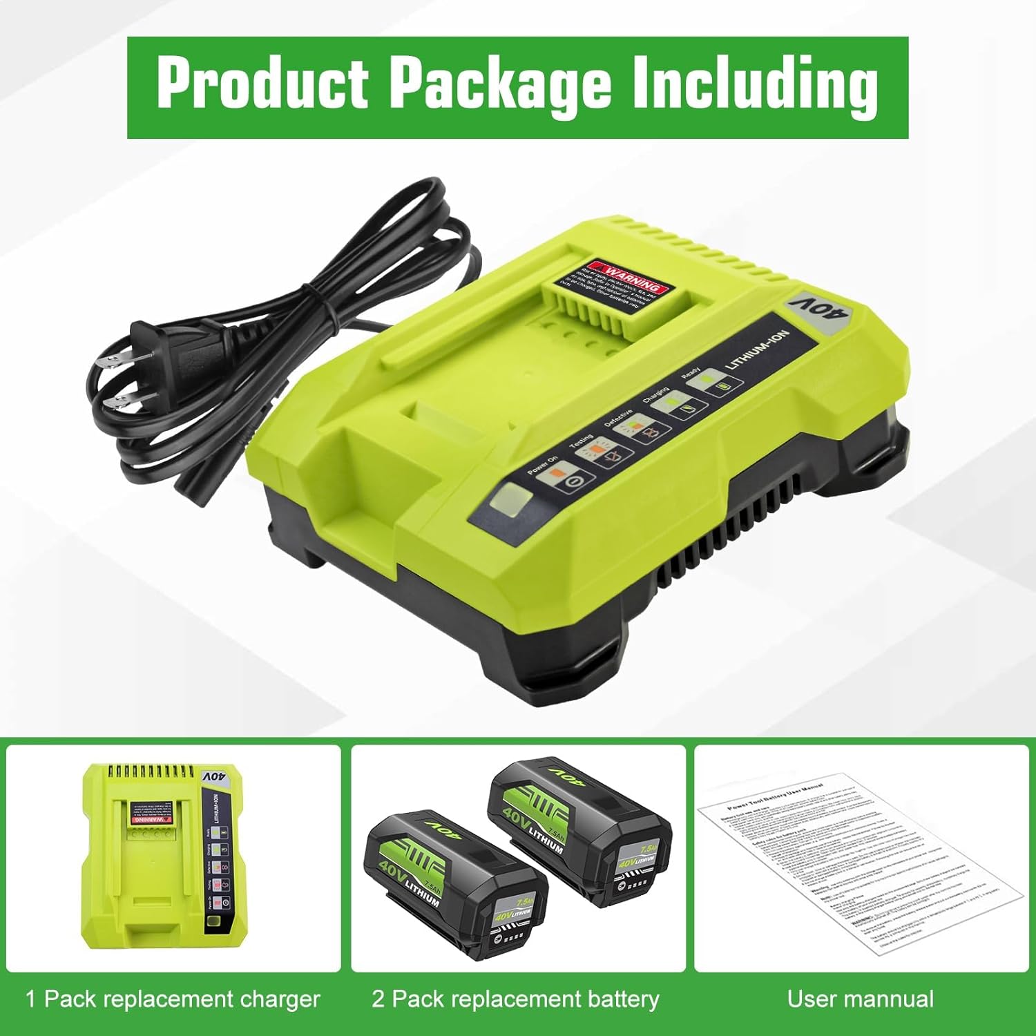 2Pack High Capacity 7.5Ah Replacement for Ryobi 40V Battery Lithium Ion and OP401 Charger Compatible with Ryobi 40 Volt Battery OP4026 OP4050 OP4040 OP4030 Replacement for 40v Charger (Green-7.5A)