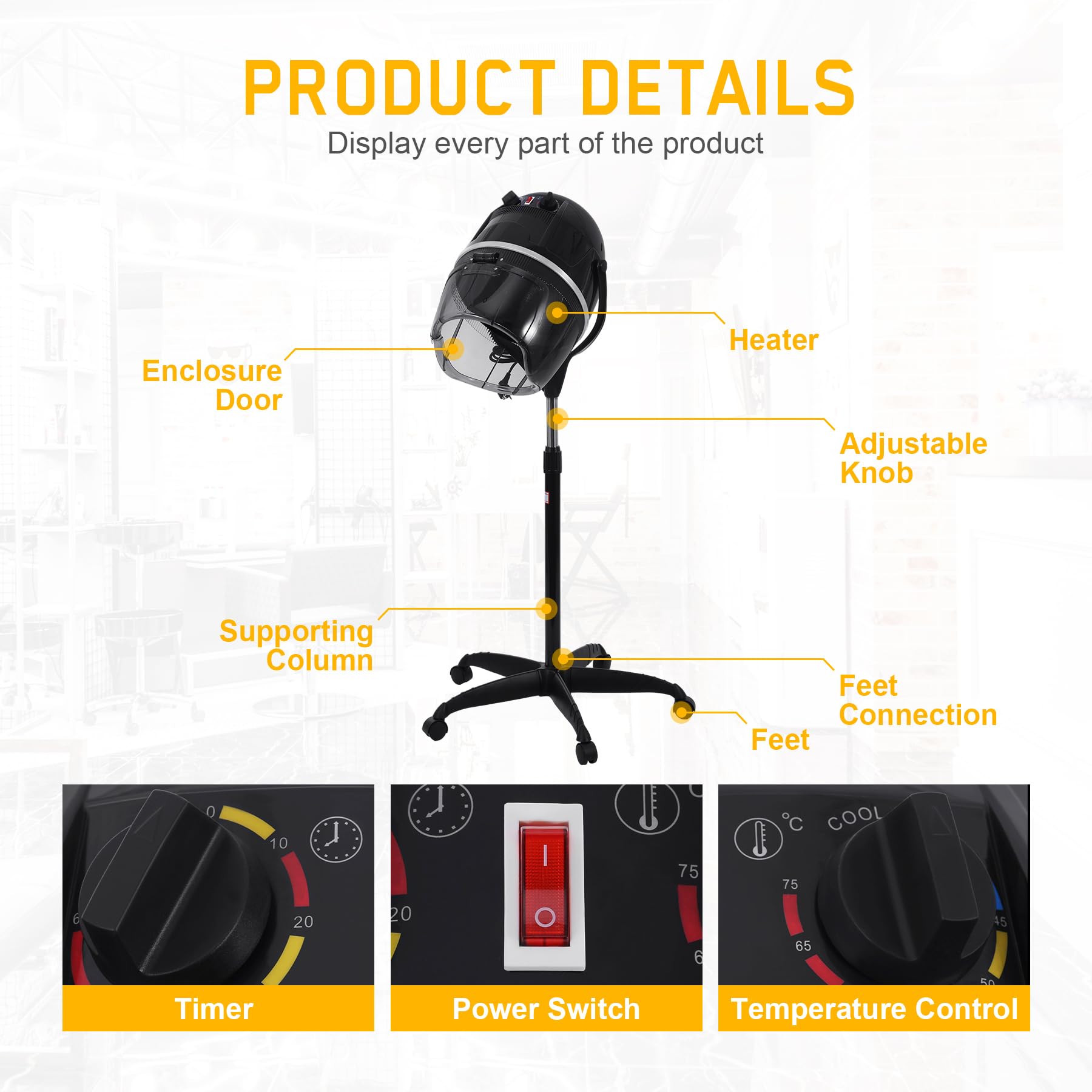 Samger Profesional Secador de Pelo Pie Campana Casco 1050W Peluqueria con Capucha y Tripode, Altura ajustable, Temporizador control Temperatura