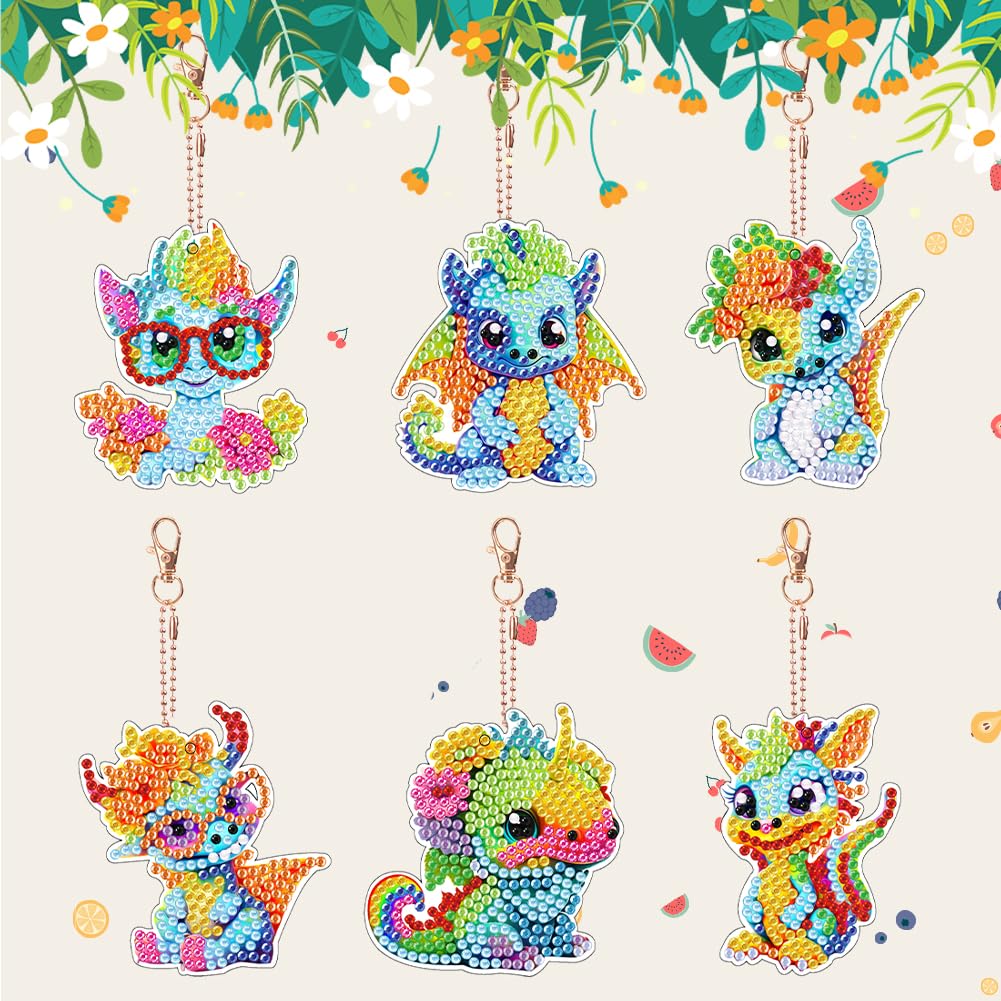 SPEPROECO Colorful Dragon Diamond Painting Keyrings DIY Double Sided Diamond Art Key Chain Kits Crystal Rhinestone Keyring Making Kits Xmas Handmade DIY Gifts for Kids Family Friends