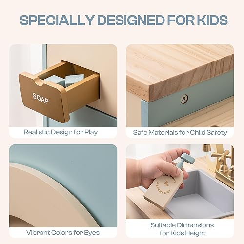 Miniatura 5 de ROBOTIME - Juego de lavadora de cocina de juguete, de madera, con cesta de ropa, plancha y lavamanos, cocina de juguete para niños mayores de 3