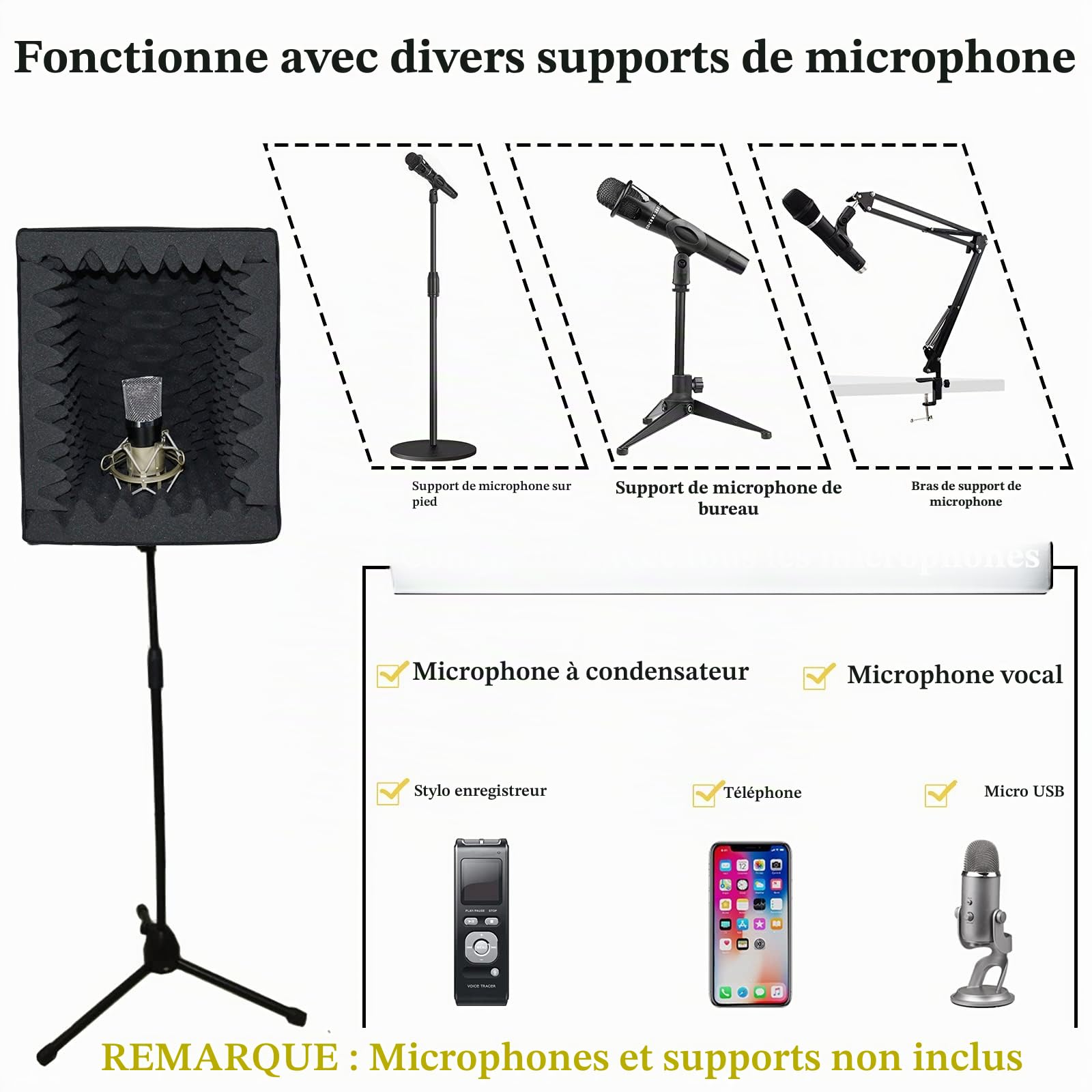 BXI Cabine vocale portable, grand bouclier pliable d'isolation du microphone, boîte d'absorption d'écho sonore pour studio d'enregistrement de musique, filtre anti-réflexion pour bureau et support