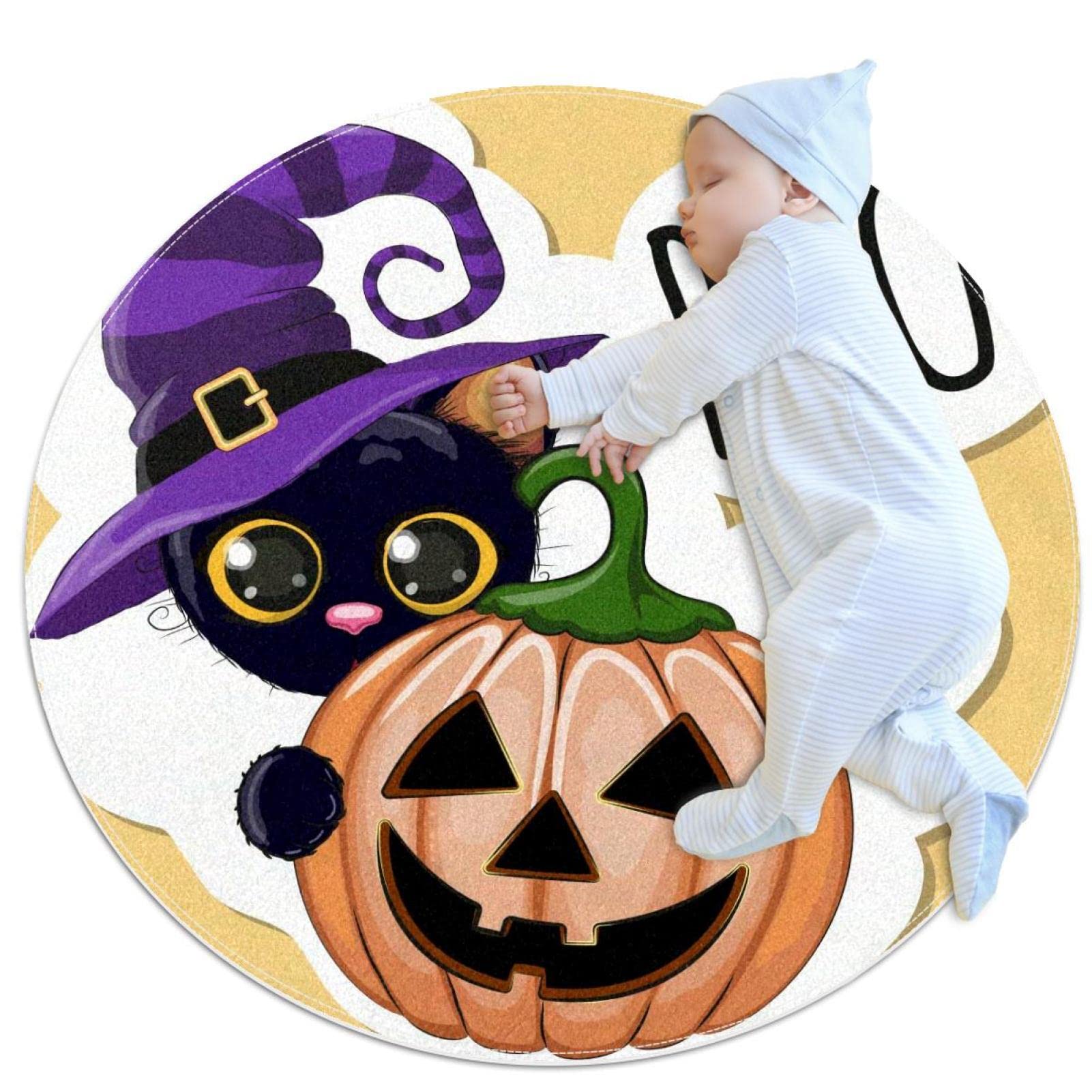 Tapis chat d'Halloween citrouille 100cm : l'ambiance automnale du salon