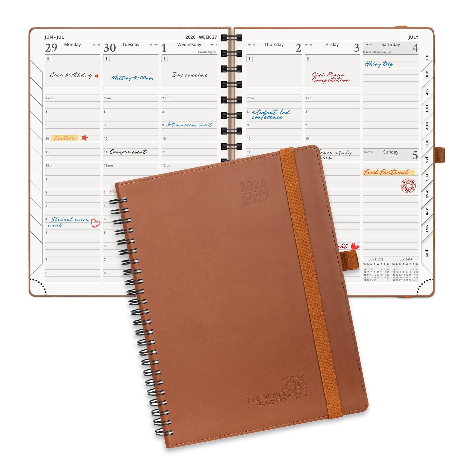 POPRUN Planner 2026-2027 (Medium - 6.5'' x 8.5'') Academic Weekly Calendar (July 2026 - June 2027) with Hourly Time Slots, Monthly Tabs, 100GSM Thick Papers, Spiral Leather Cover - Grey - Brown — image 1