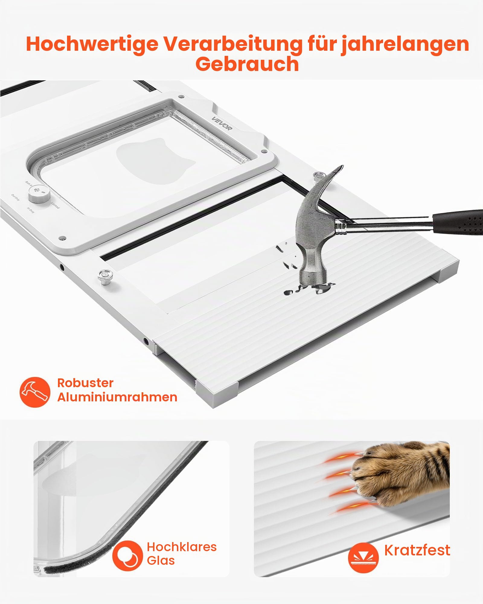VEVOR Katzenklappe Katzentür Anpassbar an Fensterbreiten (686-813 mm), Wetterfeste Haustiertür mit 4 sicheren Verriegelungsmodi & Aluminiumrahmen & Hochtransparentem Glas & Magnetverschluss, Weiß