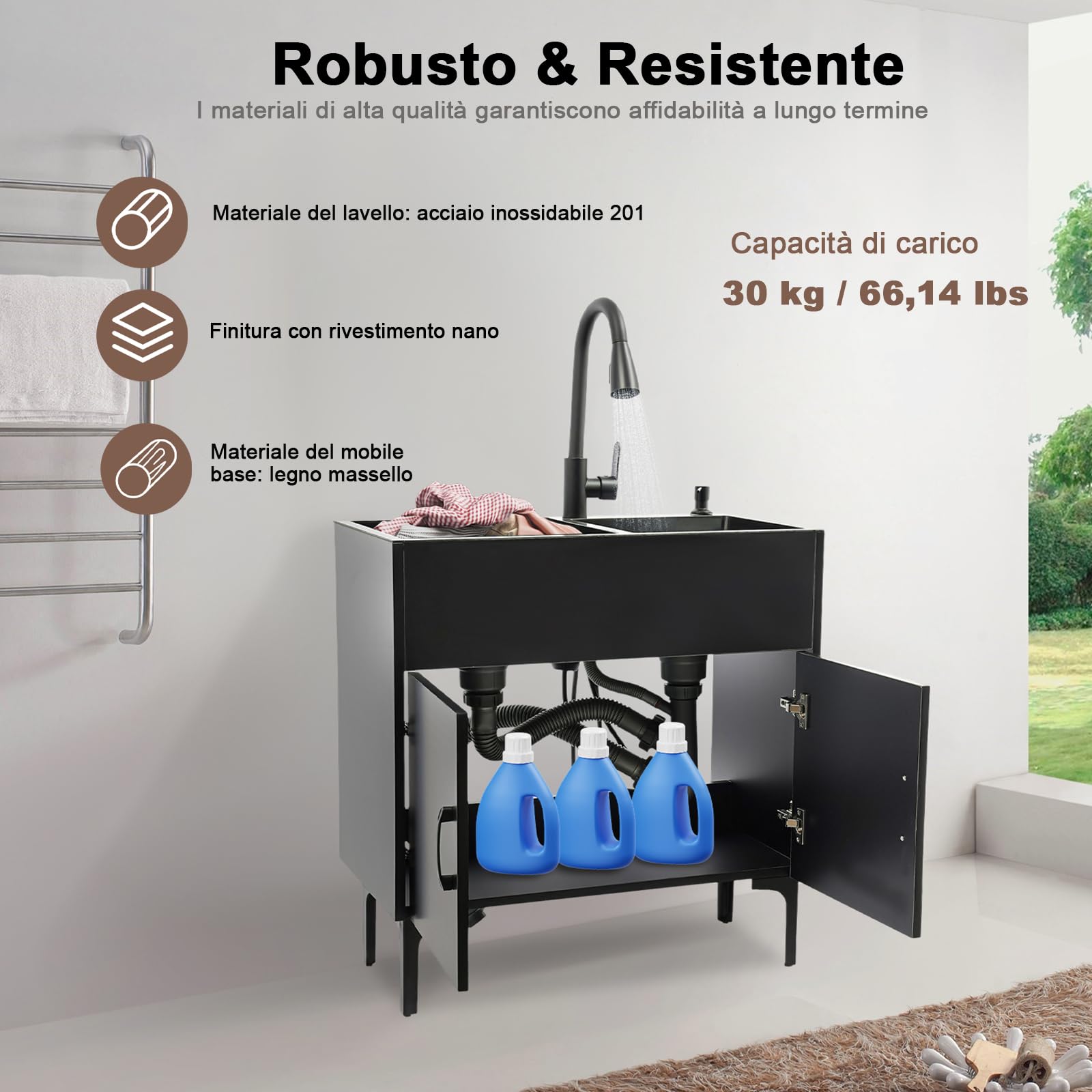 Lavello da cucina autoportante, lavello per bucato con armadio in legno, lavello in acciaio inox con doppia vasca, lavello a 2 vasche con rubinetto estraibile, scolapiatti, dispenser di sapone (nero