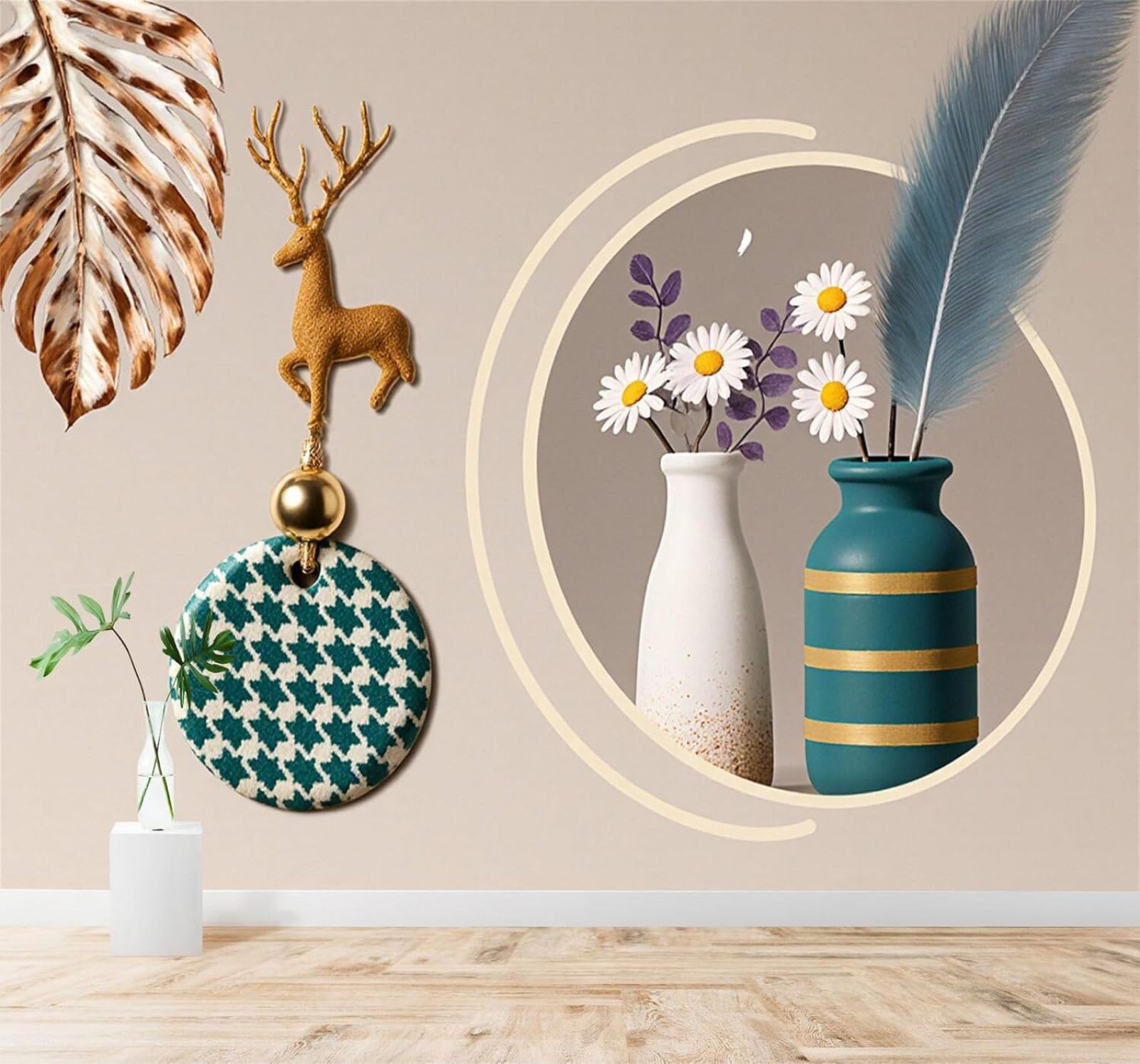 Xlming 400Cm×280Cm(B×H) Creative Golden Deer Bouquet Vase Feathers 3D Wallpaper Silky Texture Home Study Office Grey Dining Room Sofa Bedroom Living Room Tv Backdrop-400Cm×280Cm