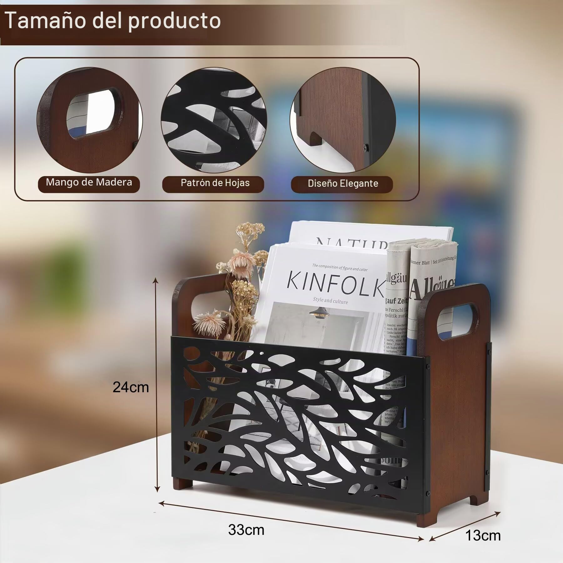 Revistero, Soporte de revistas, estantería de madera para libros y revistas, cesta de almacenamiento para revistas para oficina y hogar, 33x24x13cm