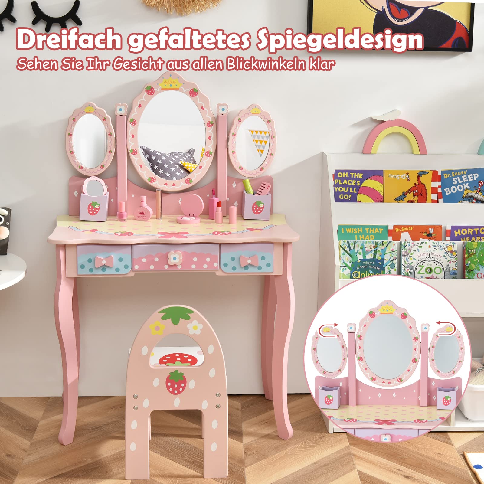 COSTWAY Kinder Schminktisch Set, Prinzessin Frisiertisch mit Klappbarem Spiegel, Schminkhocker und 3 Schubladen, Make-up Schminktisch Frisierkommode für Kinder Mädchen (Pink)