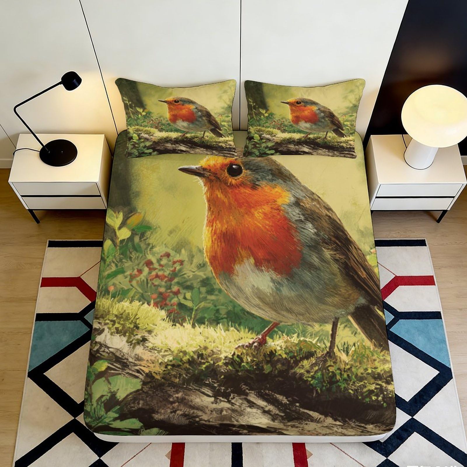 Pnayamiorkfel Style-1 3D Printed Robin Bird Fitted Sheet Microfiber Soft Art Forest Bed Cover For Bedroom Guest Room Decor 90X200x25cm