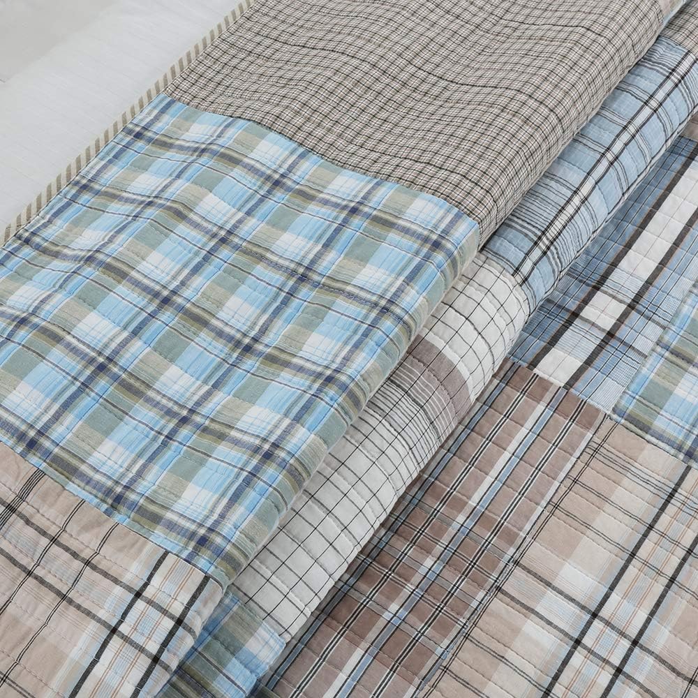 Cozy Line Home Fashions Baby Blues G Q Tartan Plaid Square Patchwork 3-Piece Blue Grey Brown Beige White Cotton Reversible Queen Quilt Bedding Set