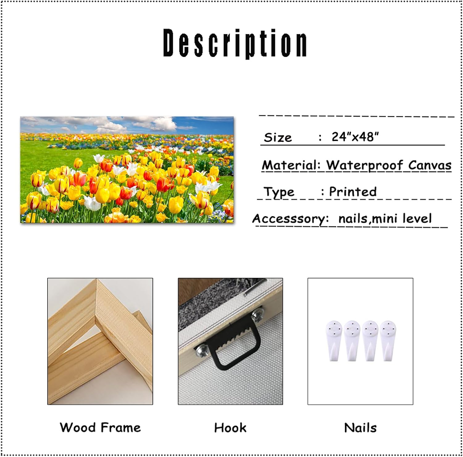 Derkymo Tulips Flower Wall Art Vibrant Tulip Field Pictures Yellow Floral Painting Framed Ready to Hang 24x48inch (60x120cm)