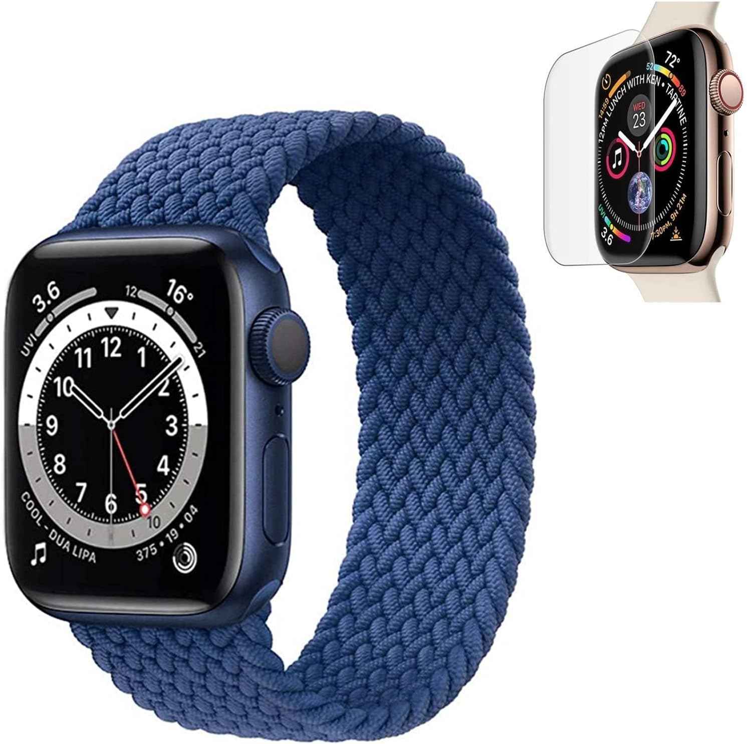 – 2 in 1 KG20 Nylon Braided Solo loop Fabric Strap/Band + FREE SCREEN PROTECTOR FILM Compatible with Apple Watch series 7 / 6/SE/5/4/3/2/1 (42mm-44mm (M), BLUE)