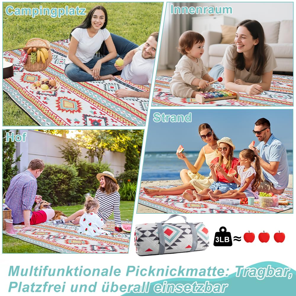 200 x 200cm Couverture de Pique-Nique Imperméable, Tapis de Plage Résistante, Tapis Pique Nique Pliable Et BandoulièRe, Fond imperméable pour Jardin, Camping, Plage et Extérieur