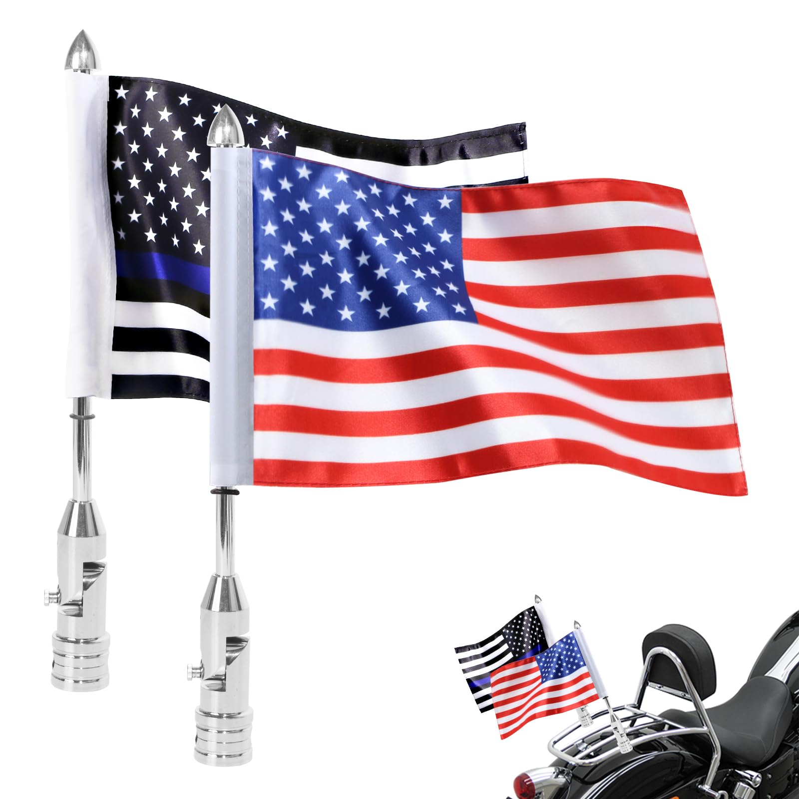 Outdoor Motorcycle Flagpole Mount and Polyester Motorcycle American Flag Thin Blue Line Adjustable Fold Down 90 Degree Flagpole Mounts for Harley Road King Touring Spring Honda Goldwing Luggage Rack