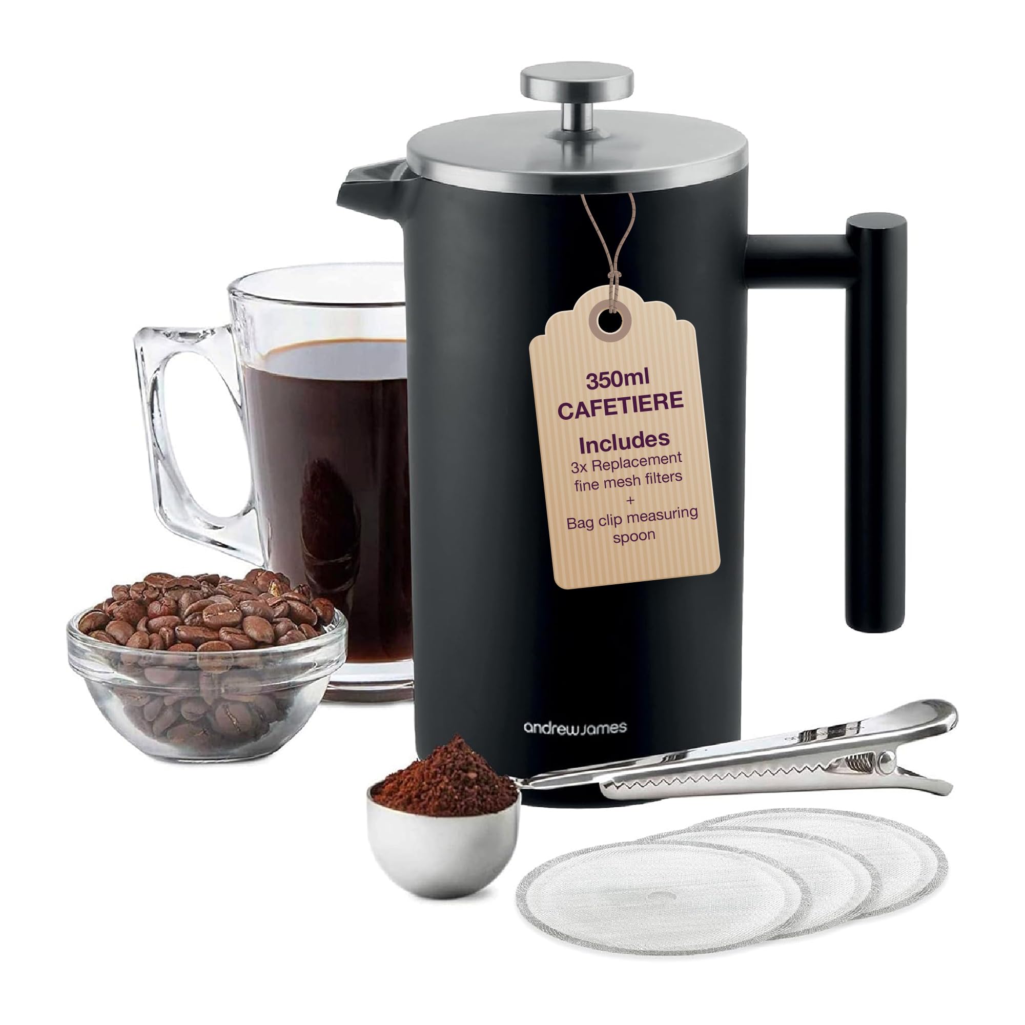 Double Walled Stainless Steel Cafetiere Gift Set With 3 Mesh Filters, Coffee Measuring Spoon And Bag Sealing Clip, Delicious French Press Coffee, Easy to Clean (350ml, Black)