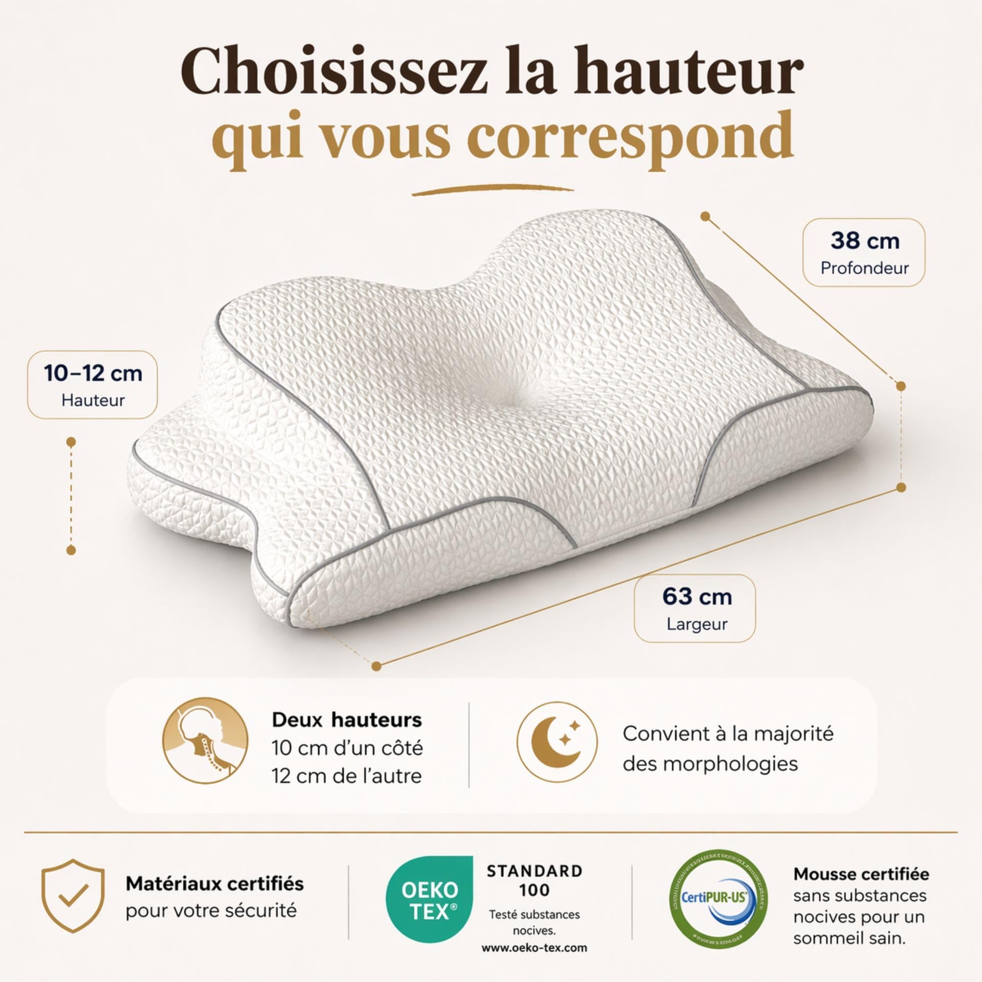 Oreiller Cervical Mémoire de Forme, confort et soutien de la nuque | Soulage les douleurs cervicales, dos et côté, Certifié Oeko-tex, pour des nuits récupératrices et un reveil sans tensions
