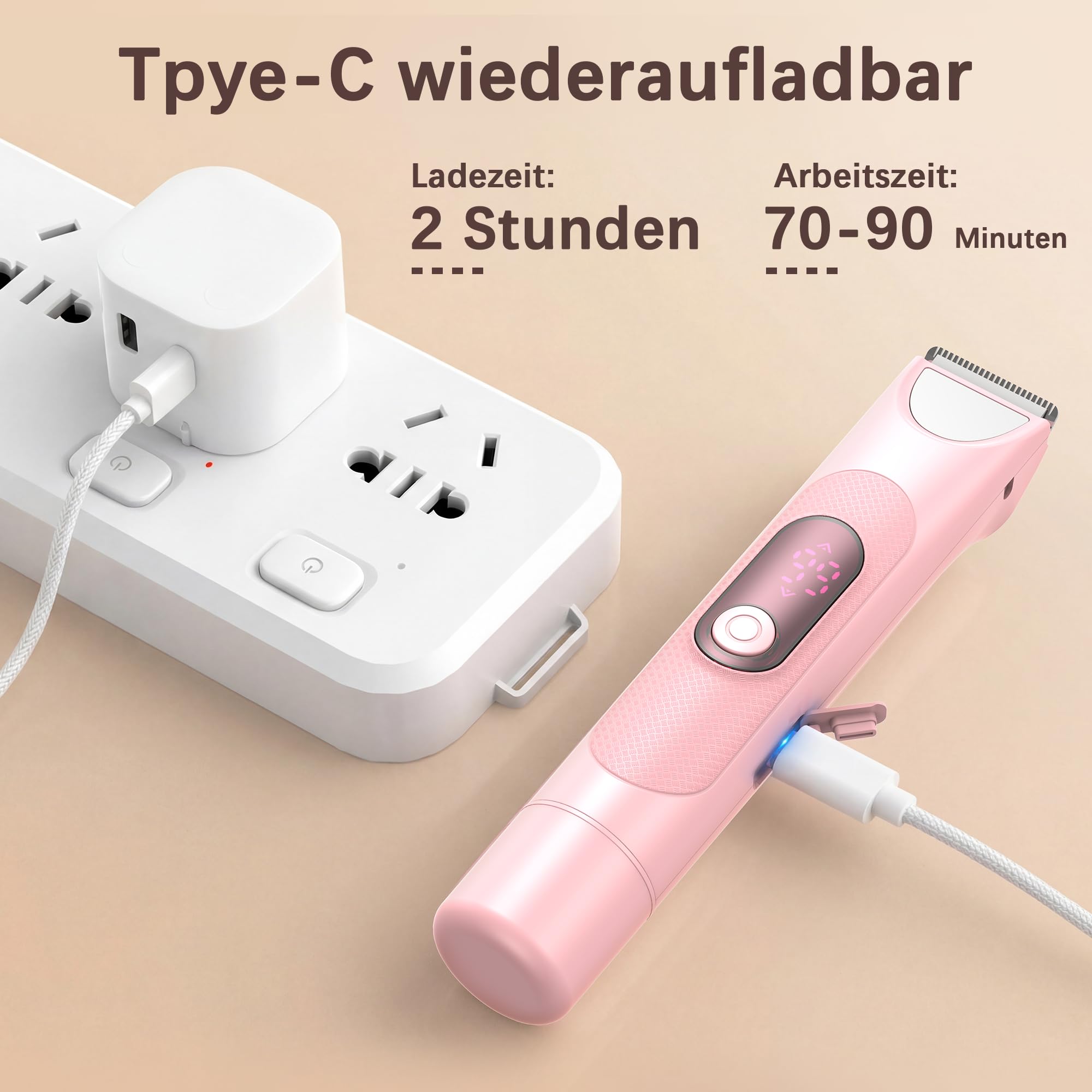 Elektrisch Rasierer Damen, 3-in-1- Elektrischer Trimmer Intimrasierer für Frauen, für Bikinizone Achseln Beine Gesicht mit LED-Anzeige, Wiederaufladbarer Damenrasierer Elektrisch Nass & Trocken, Rosa