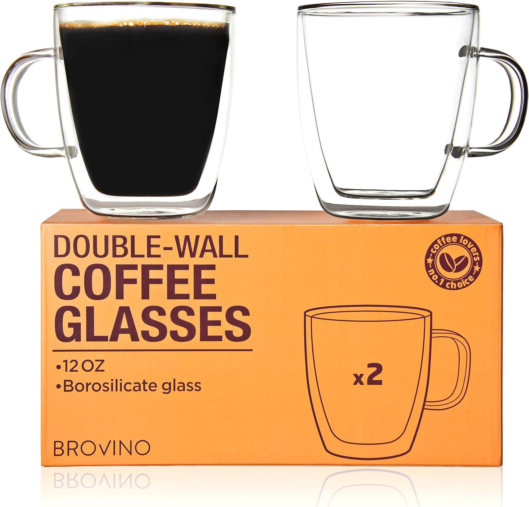 Large Double Wall Glass Coffee Mugs with Handle - Set of 2 Insulated Tea Glass Cups of 12 oz - 350 ml