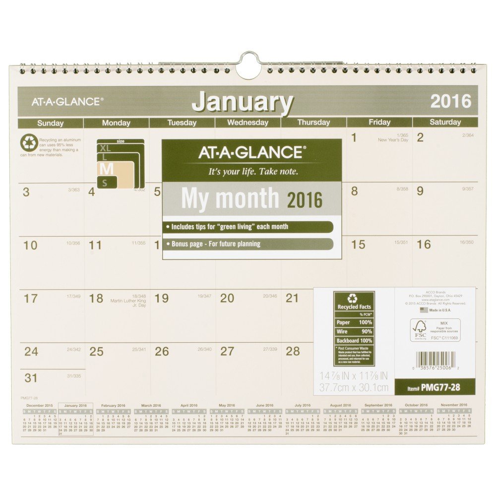 AT-A-GLANCE calendario de pared mensual 2016, recicla, 14 – 7/8 x 11 – 7/8 pulgadas (pmg77 – 28) by de un vistazo