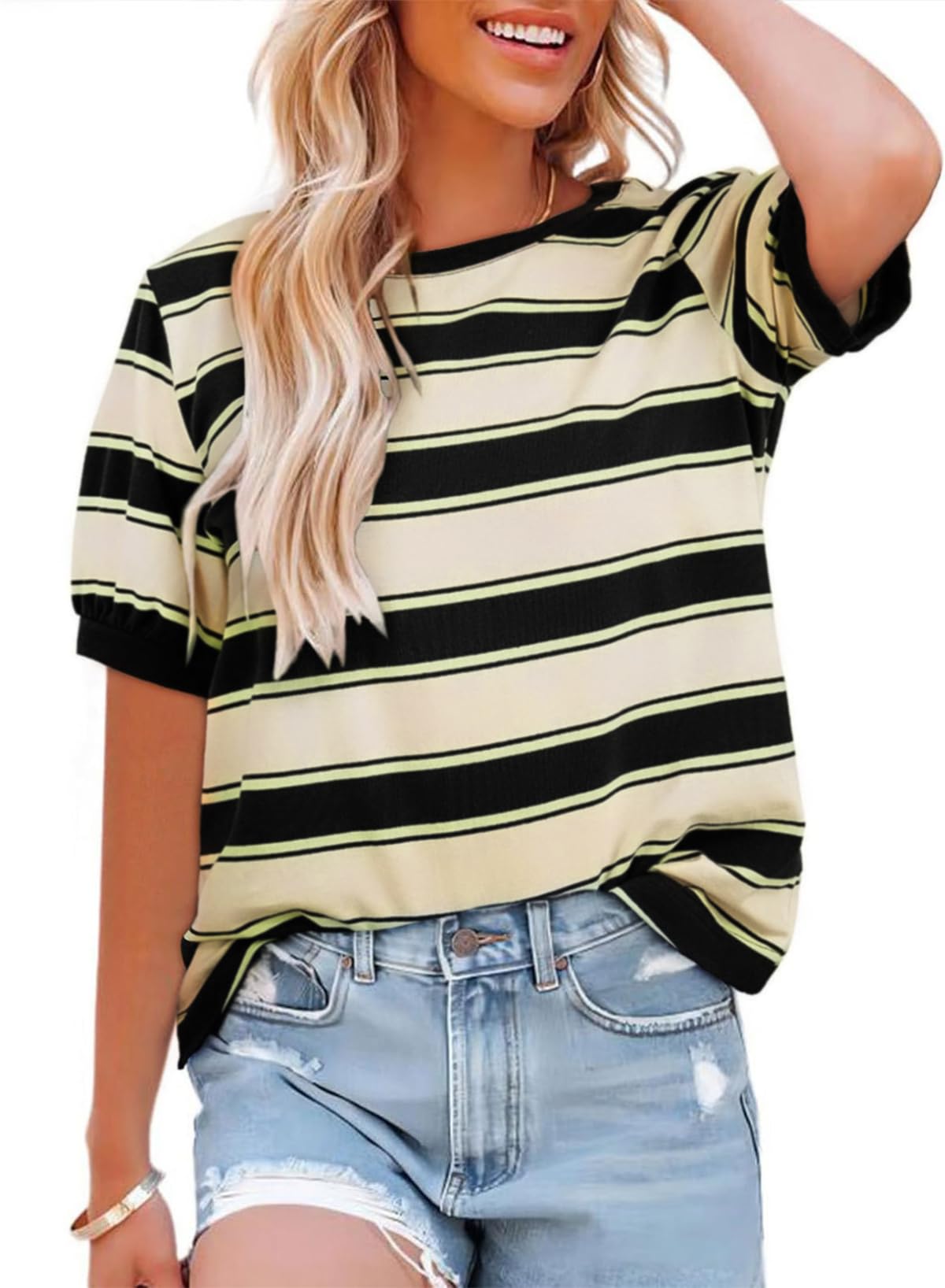 Cuptacc Tshirt Damen Rundhals Kontrast Gestreiftes Locker Baumwolle Tunika Sommer Schicker Casual Basic Niedlich Bunt Kurzarm Oberteile Damen Beige Schwarz L Groß