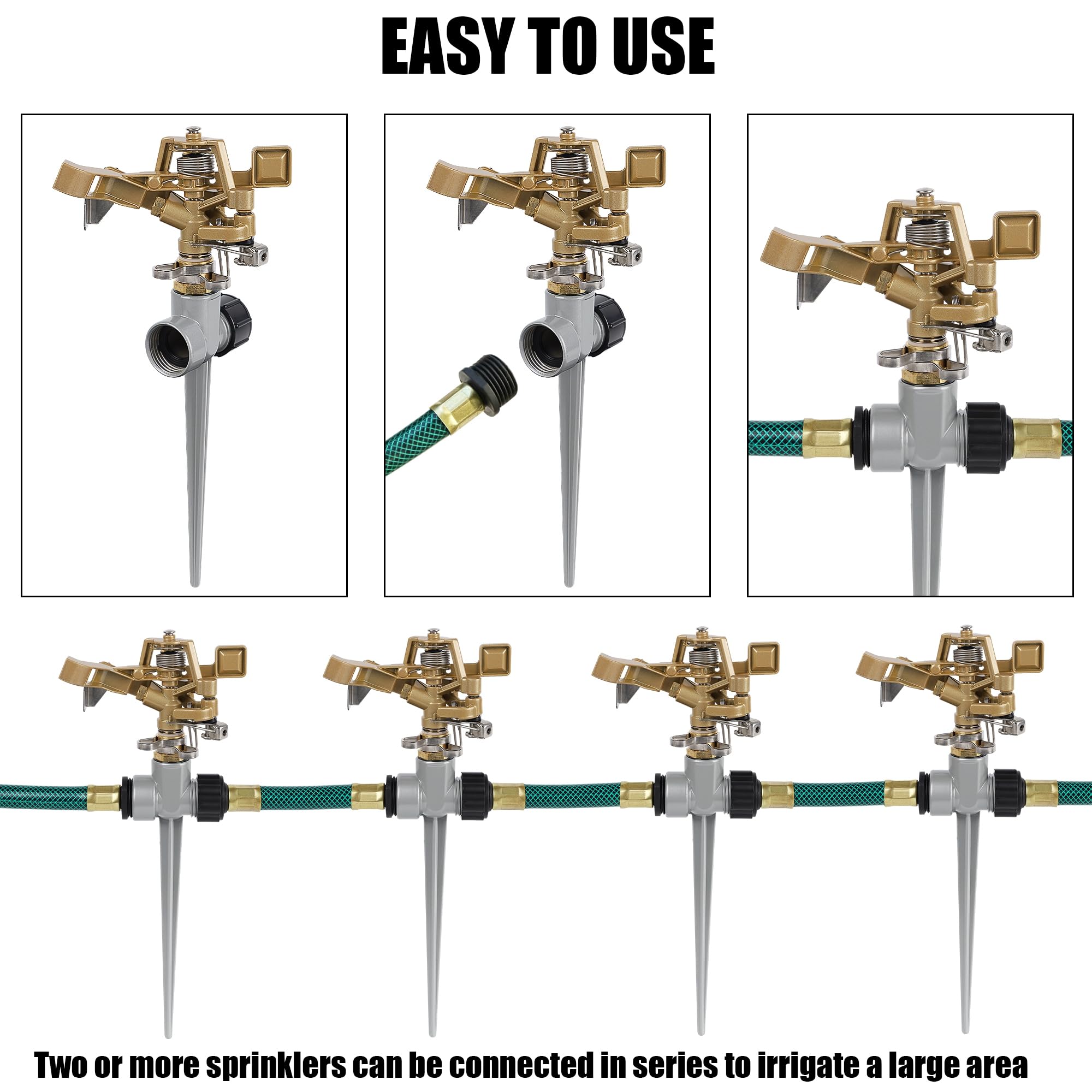 Biswing Paquete de 2 aspersores de Impacto de latón con Soporte (Pico), Cabezal de aspersor de césped Resistente en Base de Punta de aleación de Zinc, aspersor de riego Ajustable para áreas Grandes,