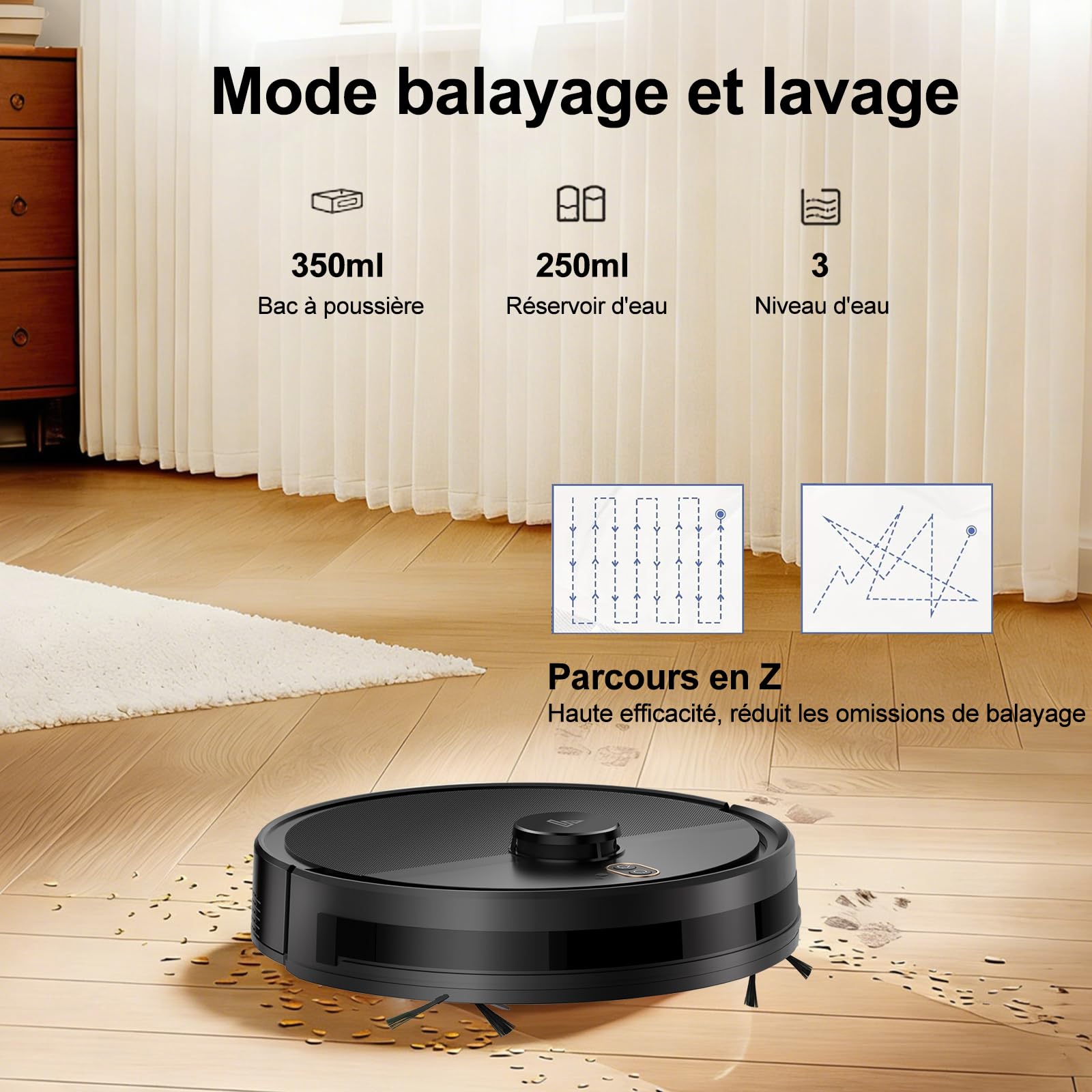 Robot Aspirapolvere Lavapavimenti con Mappatura LiDAR Navigation 5000Pa | Protezione anticaduta, Automatico 120Mins, 2 in 1 Pulizia Personalizzata, Precisione nell'Evita Ostacoli, WiFi/App/Alexa-Nero