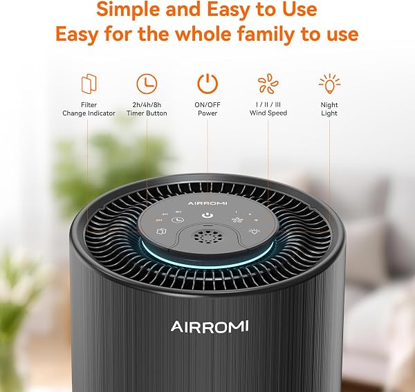 AIRROMI AIRROMI Air Purifier for Bedroom with HEPA 3-in-1 Filter, Pet Air Purifier for Home Cat Pee Smell, Covers Upto 990 Ft², Quiet 360°intake Air Cleaner for pet hair,allergies,pollen,Smoke,A2001 Black in use