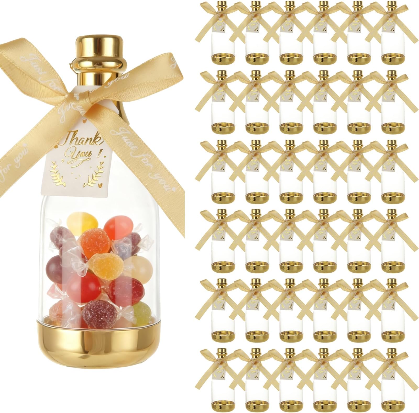 36PCS Mini Champagne Bottle Candy Container Shaped Jars Gold Plastic DIY Favor Candy Bottle Wedding Party Favor Containers, Comes with Card and Bow Ribbon