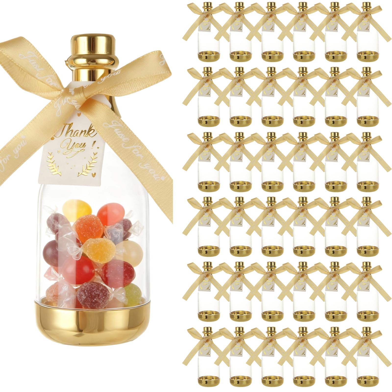 36 mini bottiglie di champagne a forma di barattolo in plastica dorata, per bomboniere fai da te, bomboniere, matrimoni, feste, con biglietto e fiocco