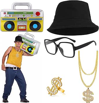 Hip Hop Costume Kit 80's Men's Rapper Accessories Oversized Rectangular ...