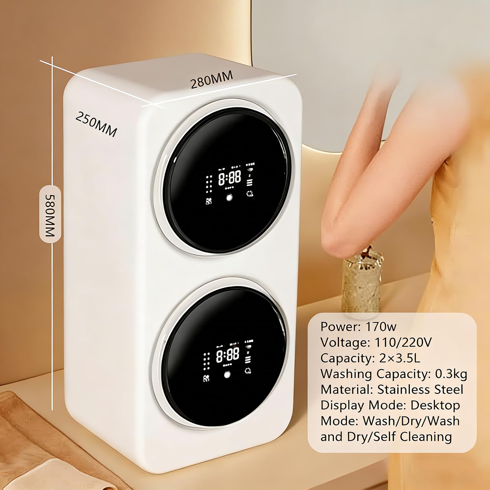 Mini-Waschmaschine und Trockner 2 in 1, 2 x 3,5 l, mit LCD-Touchpanel/intelligenter Selbstreinigung, unabhängigem Waschprogramm, schonendem und langsamem Waschen Wall-Mounted-Silver