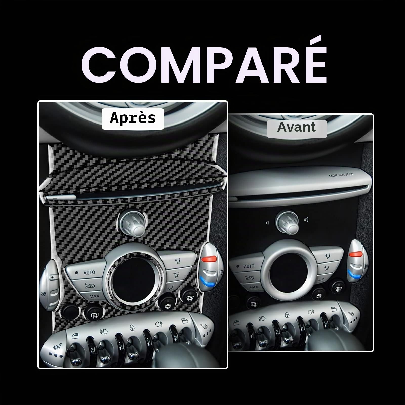 KUNGKIC Lot de 6 pièces intérieur en fibre de carbone remplacement pour mini COoper Clubman R56/R55/R57 2007-2010 et panneau CD décoratif pour l'intérieur - Accessoire de style D - Noir
