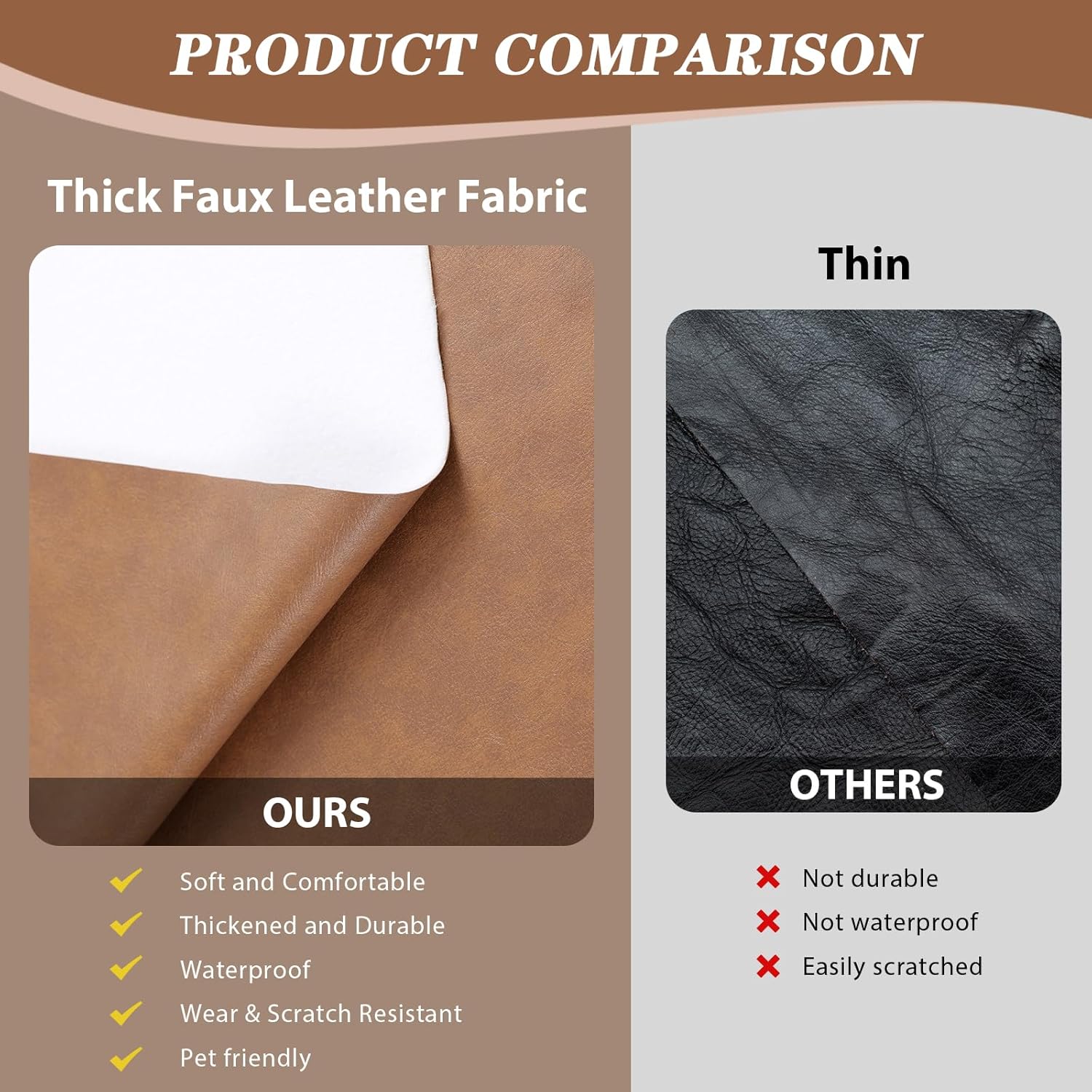 Faux Leather Vinyl Upholstery Fabric by The Yard, 1.3mm Thick Soft Anti-Scratch Durable Marine Vinyl Fabric Synthetic Leather for Sofa Bags Chairs Car Seats DIY Crafts, 3 Yards Cut 55" x 108" (Brown)