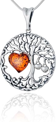 Womens Sterling Silver Oxidised Necklace, Baltic Amber Heart, Celtic Tree of Life Pendant with Amber Heart on Chain