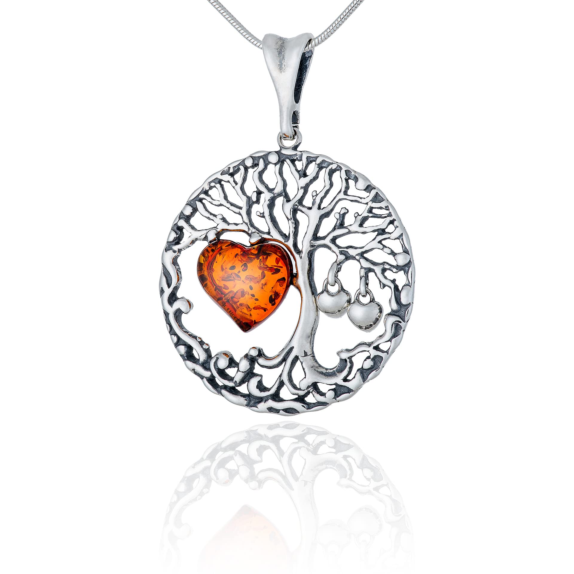 Collar de Mujer de Plata Estelina Oxidada, Corazón de Ámbar Báltico, Colgante Árbol de la Vida Celta con Corazón de Ámbar en Cadena