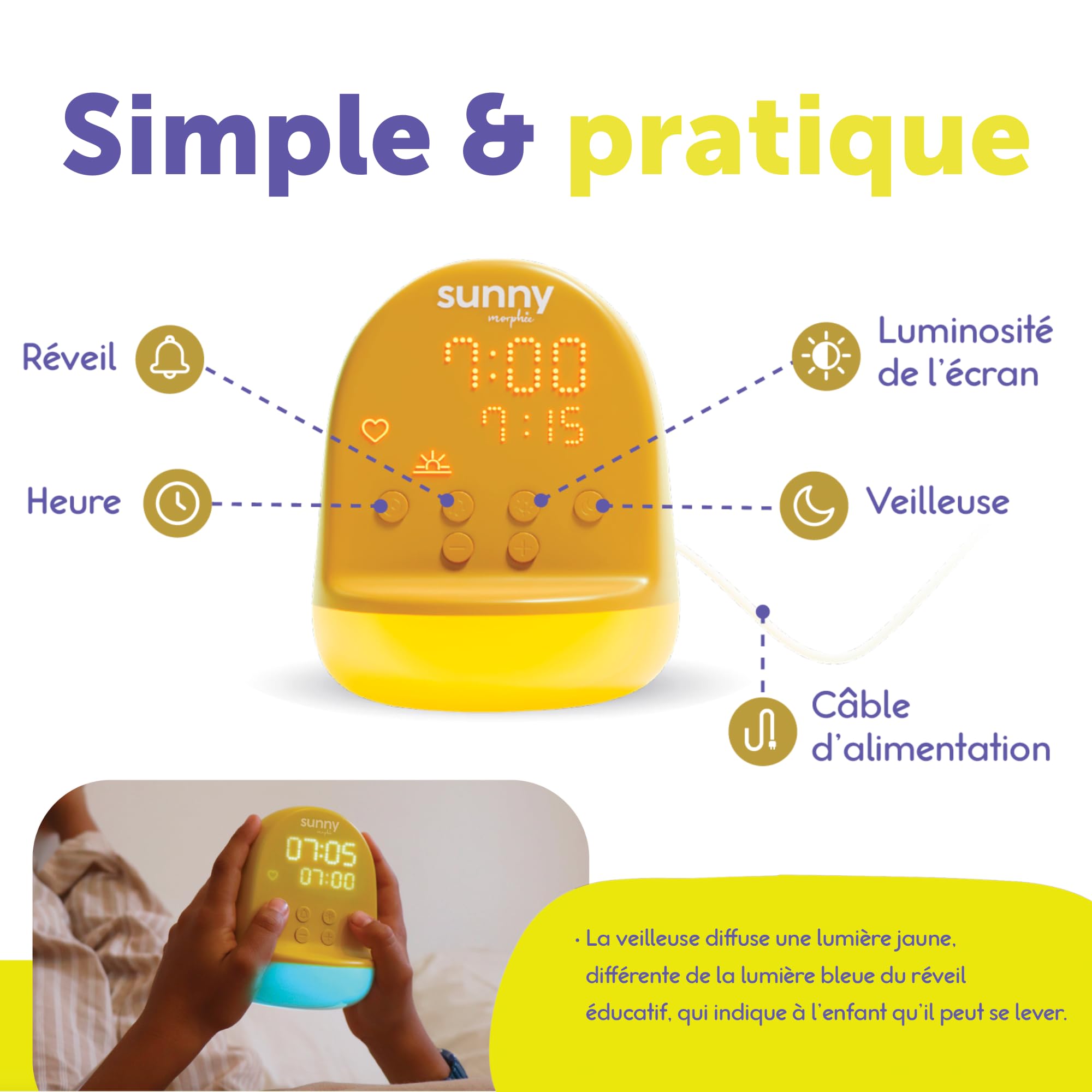 Sunny Morphée Réveil Enfant 365 Découvertes Audio Veilleuse Jour/Nuit 3-10 Ans Prise Secteur