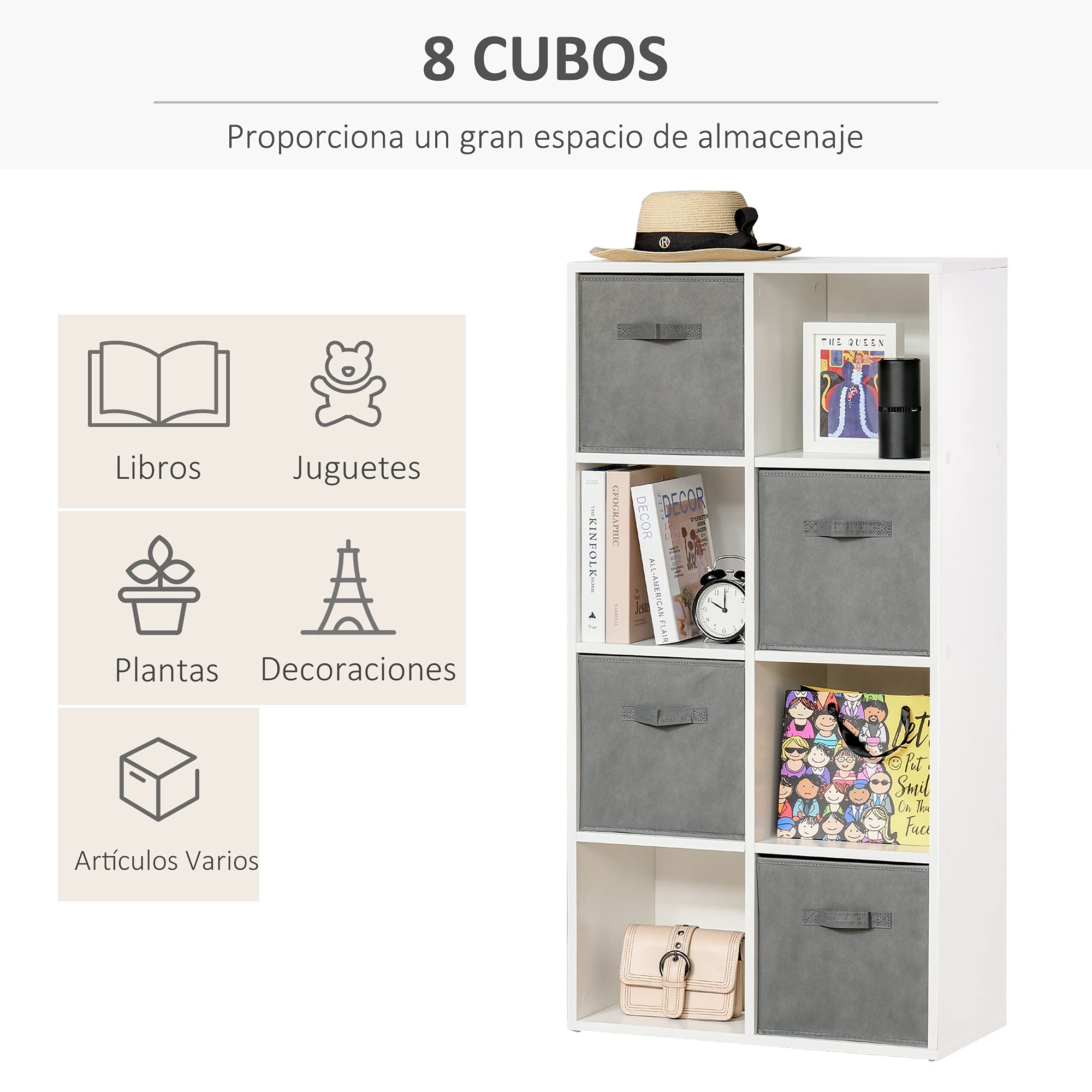 HOMCOM Estantería para Libros 8 Cubos, 61,5x30x121,6 cm Blanco y Gris | Librería Modular, 2 Cajones Extraíbles Tela no Tejida, Oficina Estudio Dormitorio