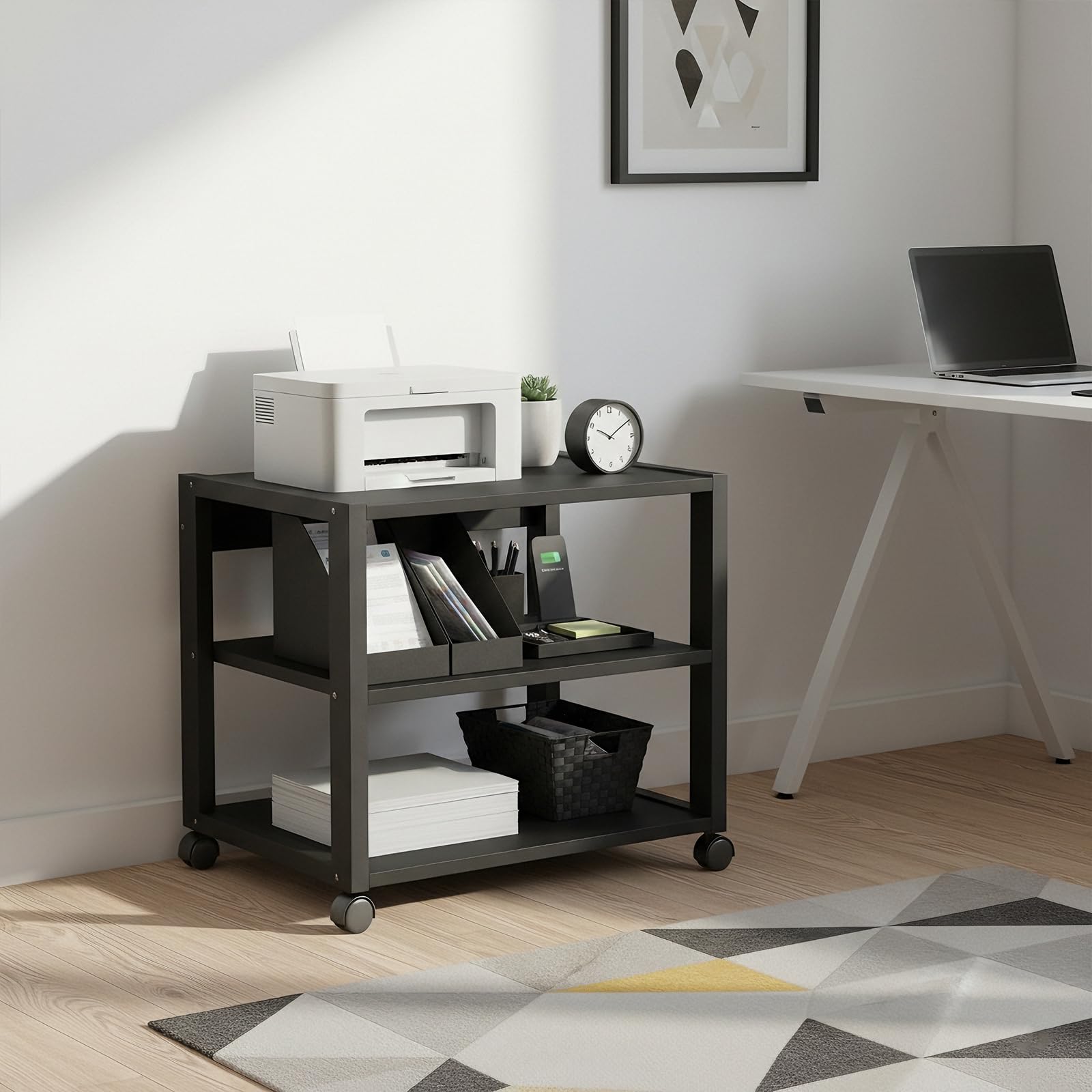 Supporto Stampante e Rack Audio Hi-Fi con Ruote, Carrello Multiuso a 3 Ripiani per Ufficio e Soggiorno, Tavolino Porta Stereo per Amplificatore e Giradischi, Struttura Robusta in Metallo, Nero