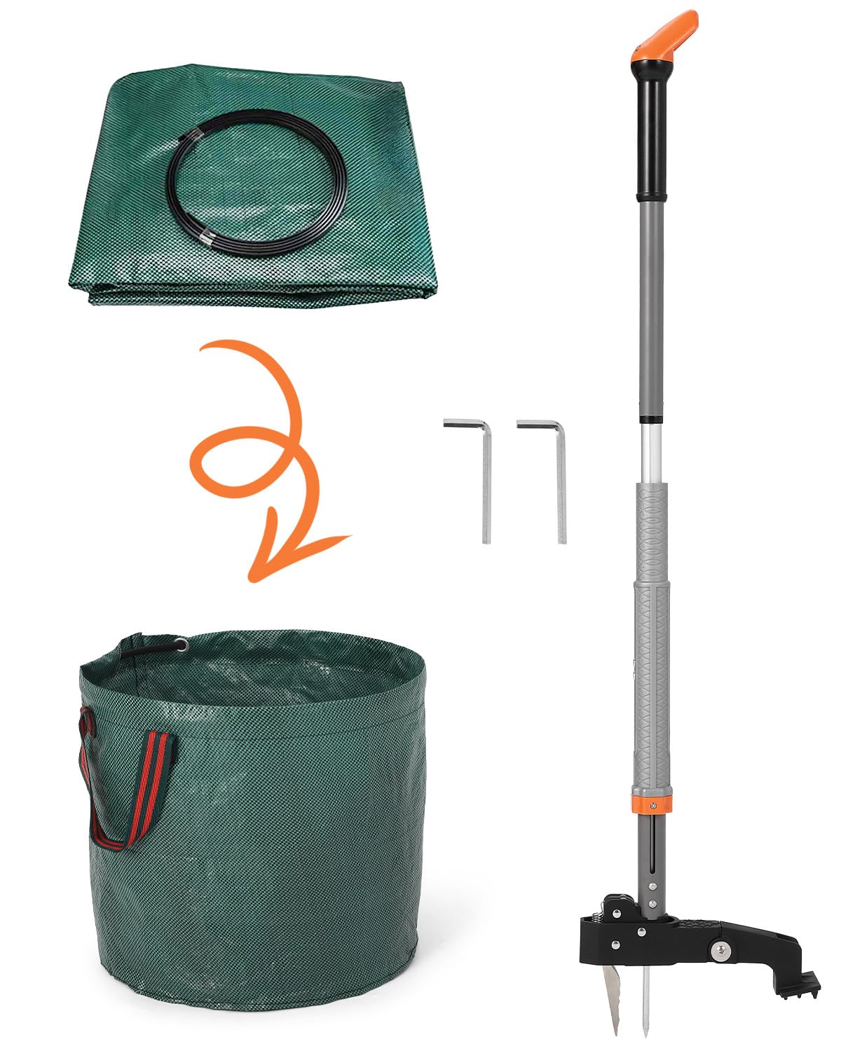 HAUSPROFI Extractor Malas Hierbas (Longitud de 91 cm a 117 cm), Bolsa de Jardinería de 50 litros, 4 Dientes de Rastrillo, Diseño de Retorno Automático, para el Mantenimiento del Césped