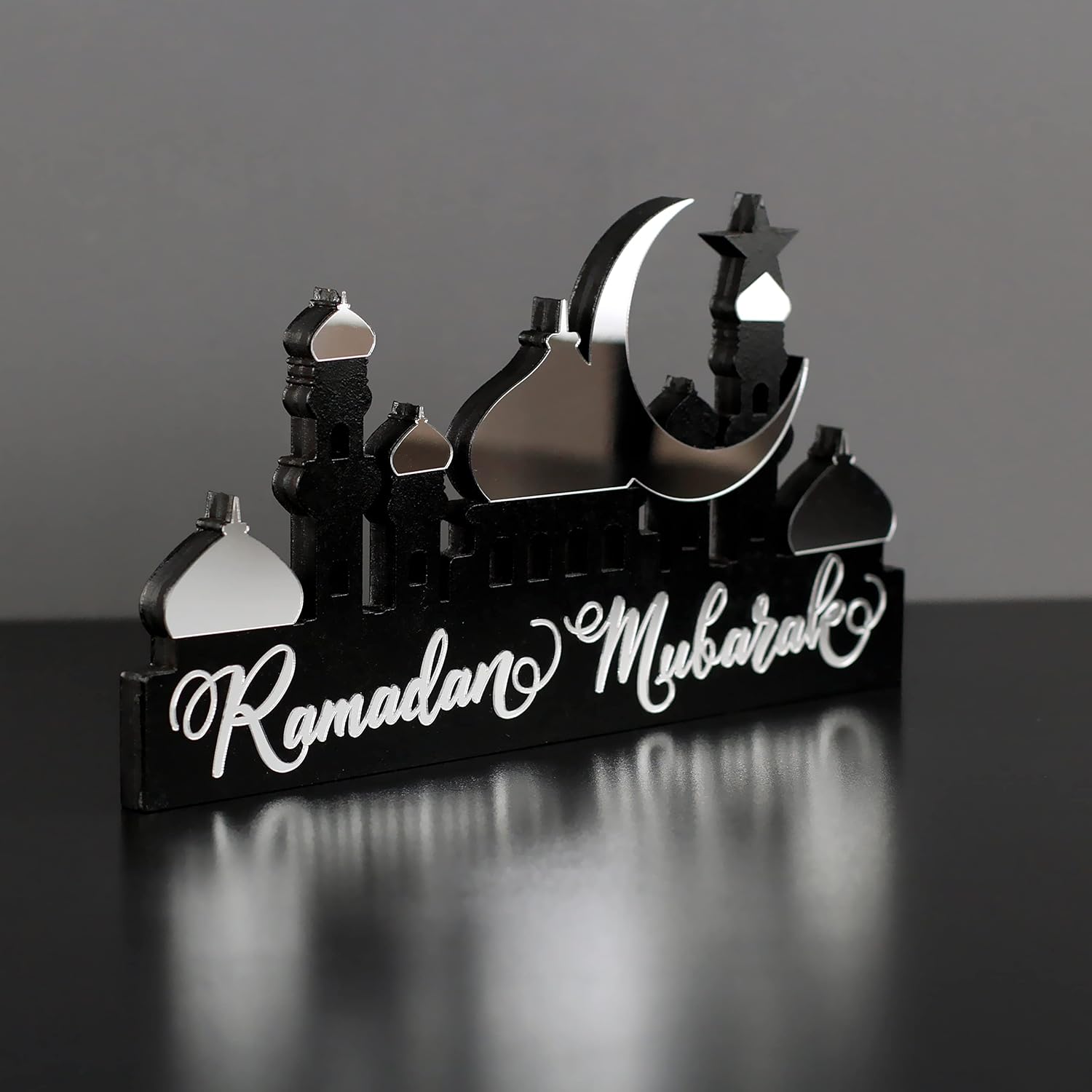 IWA Concept | Wooden Acrylic Islamic Tabletop Decors | Ramadan Kareem and Eid Mubarak Decoration | Islamic Muslim Gifts | Ramadan Eid Decoration | (Ramadan Mubarak, Silver)