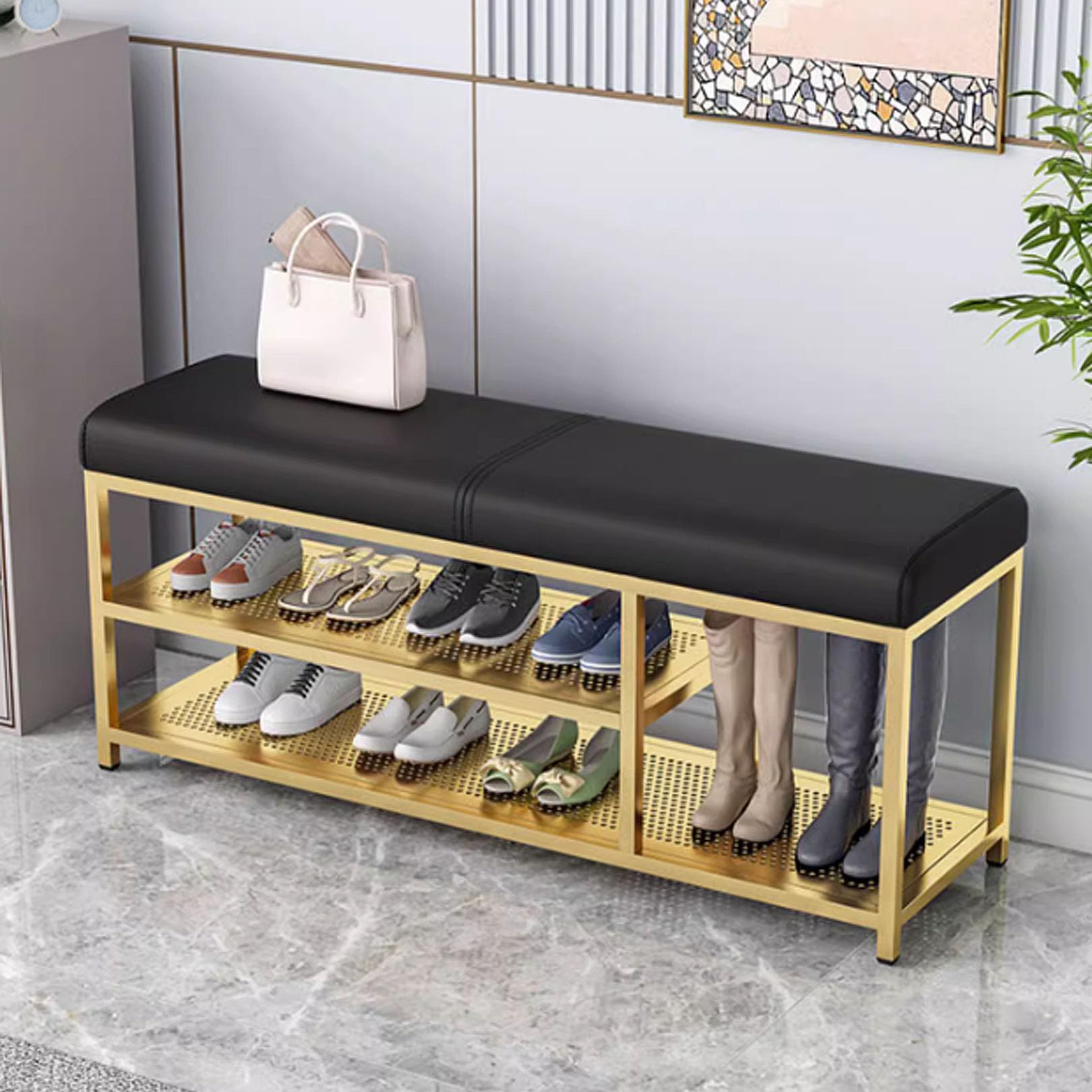 EsEntL Gepolsterte Regale und Aufbewahrungsbank, Moderne Schuhregalbank aus Kunstleder mit Metallbasis, osmanischer Bettendhocker für Schlafzimmer, Wohnzimmer, Esszimmer, 2-stöckig